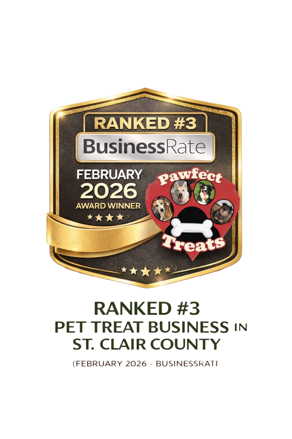 Award badge for pet treat business, ranked number 3 in St. Clair County for February 2026, featuring the Pawfect Treats logo with images of different dogs.