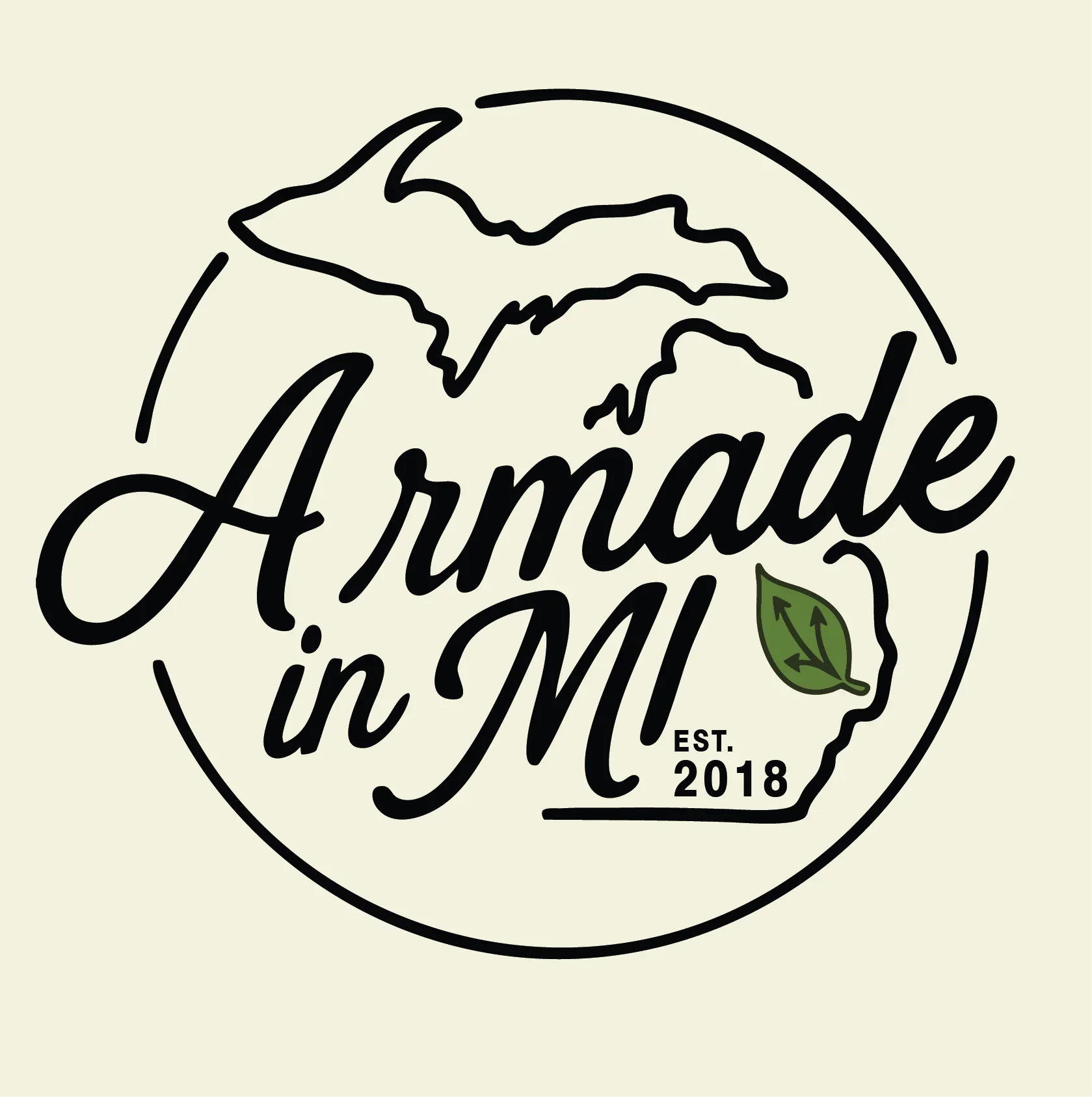 Logo for Made in MI featuring an outline of Michigan with a leaf, with the text "A made in MI" and "EST. 2018".