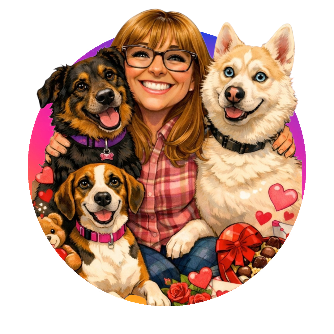 A woman smiling surrounded by three dogs