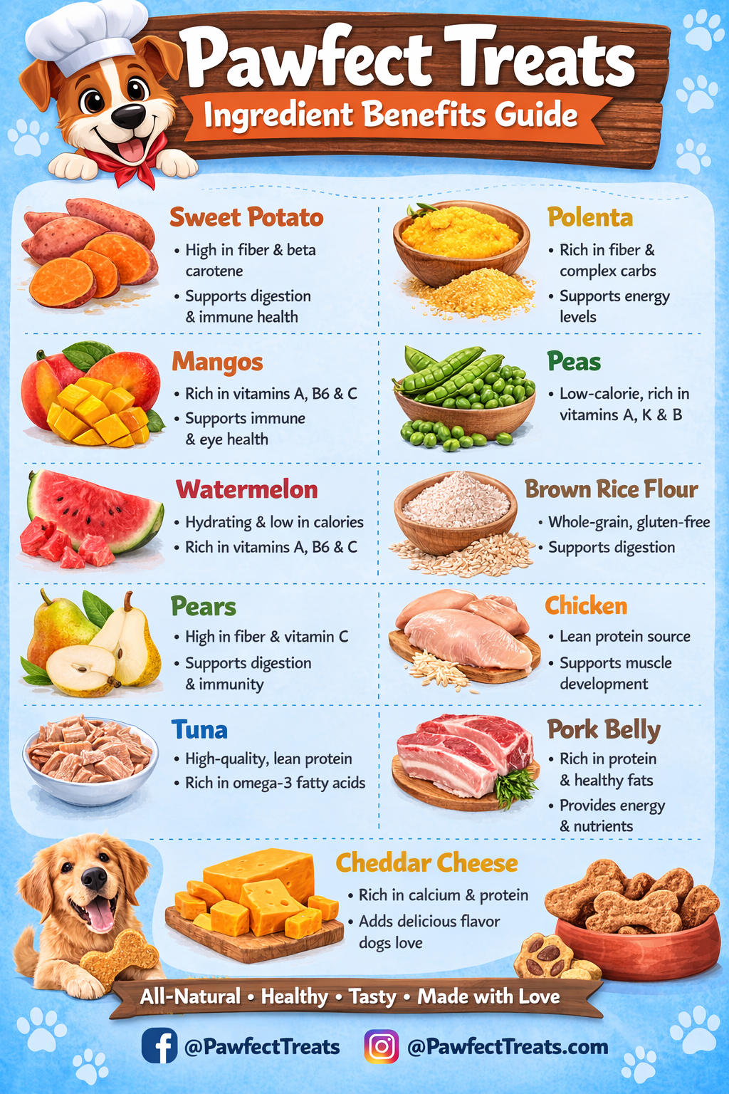 A colorful infographic titled "Pawfect Treats Ingredient Benefits Guide" featuring a cute cartoon dog wearing a chef's hat. It lists various dog treats along with their health benefits, including sweet potato, mangoes, watermelon, pears, tuna, polenta, peas, brown rice flour, chicken, pork belly, and cheddar cheese. Each treat is accompanied by a picture and a brief description of its benefits, all set against a blue background with paw print accents.