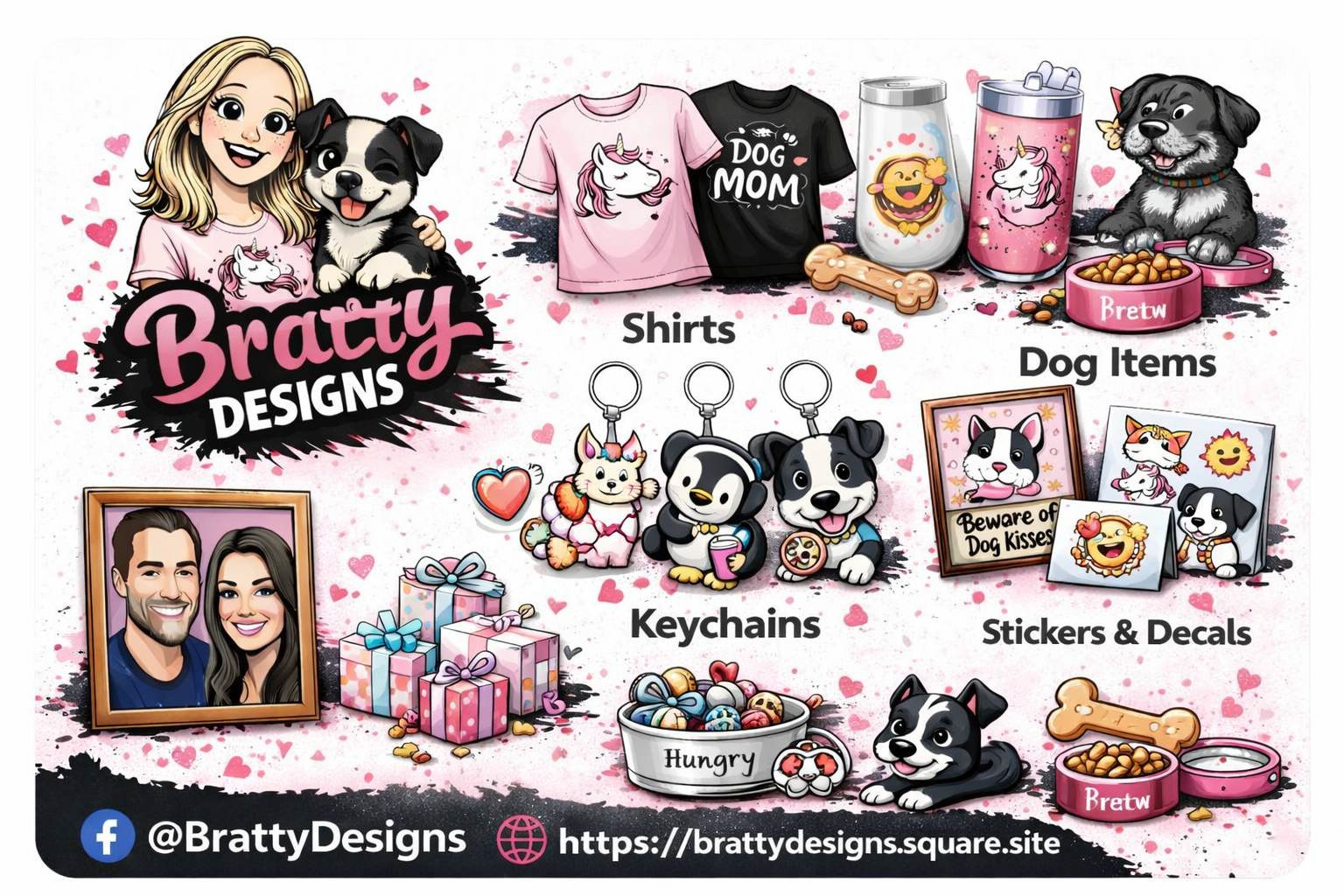 Bratty Designs promotional image featuring customizable pet-themed products. Includes T-shirts with unicorn and dog designs, pet accessories like dog bowls, and various dog-themed keychains, stickers, and decals.