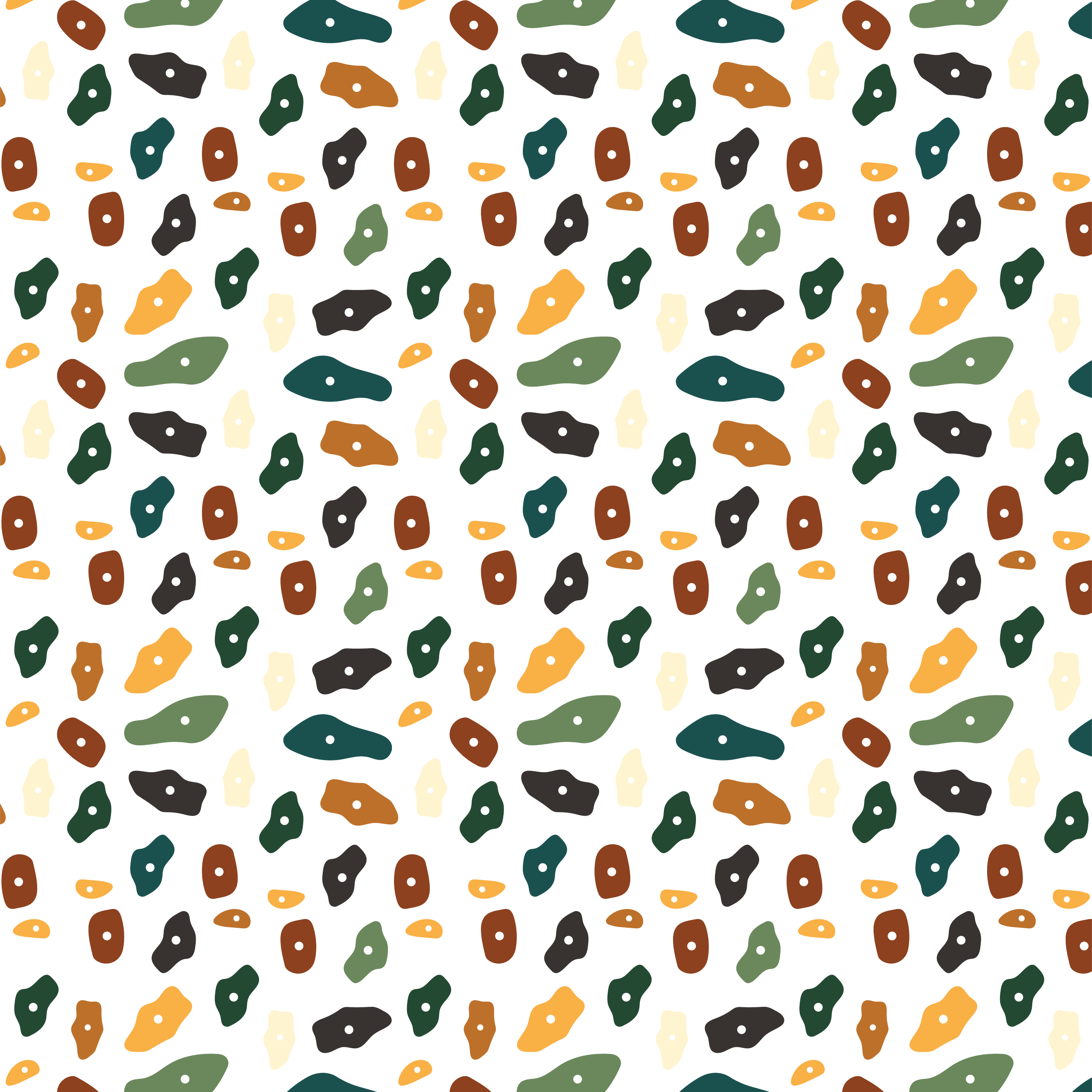 A seamless pattern of abstract colorful shapes on a black background.