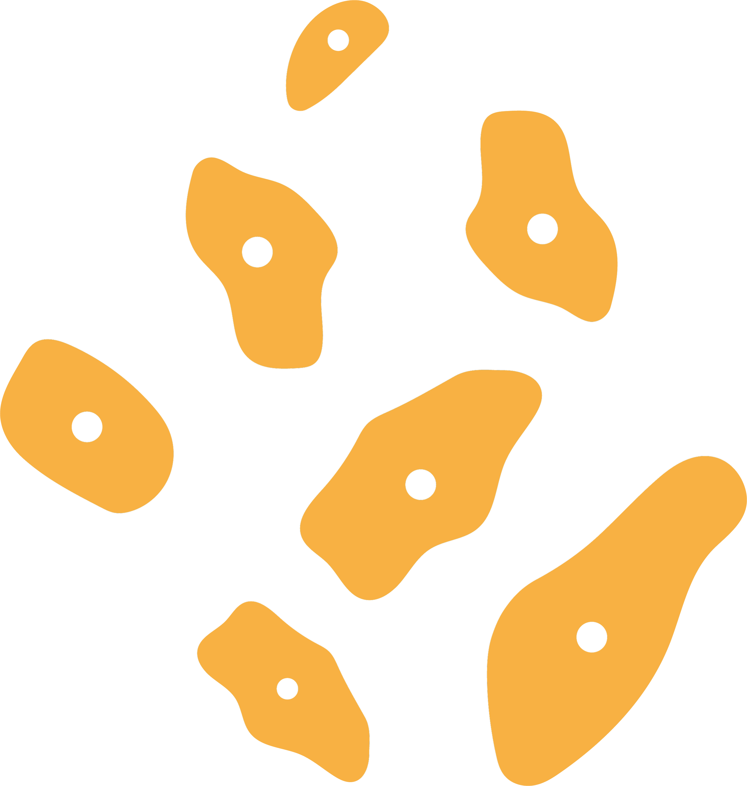 An illustration of a black background with multiple irregular orange shapes and small circles inside them.