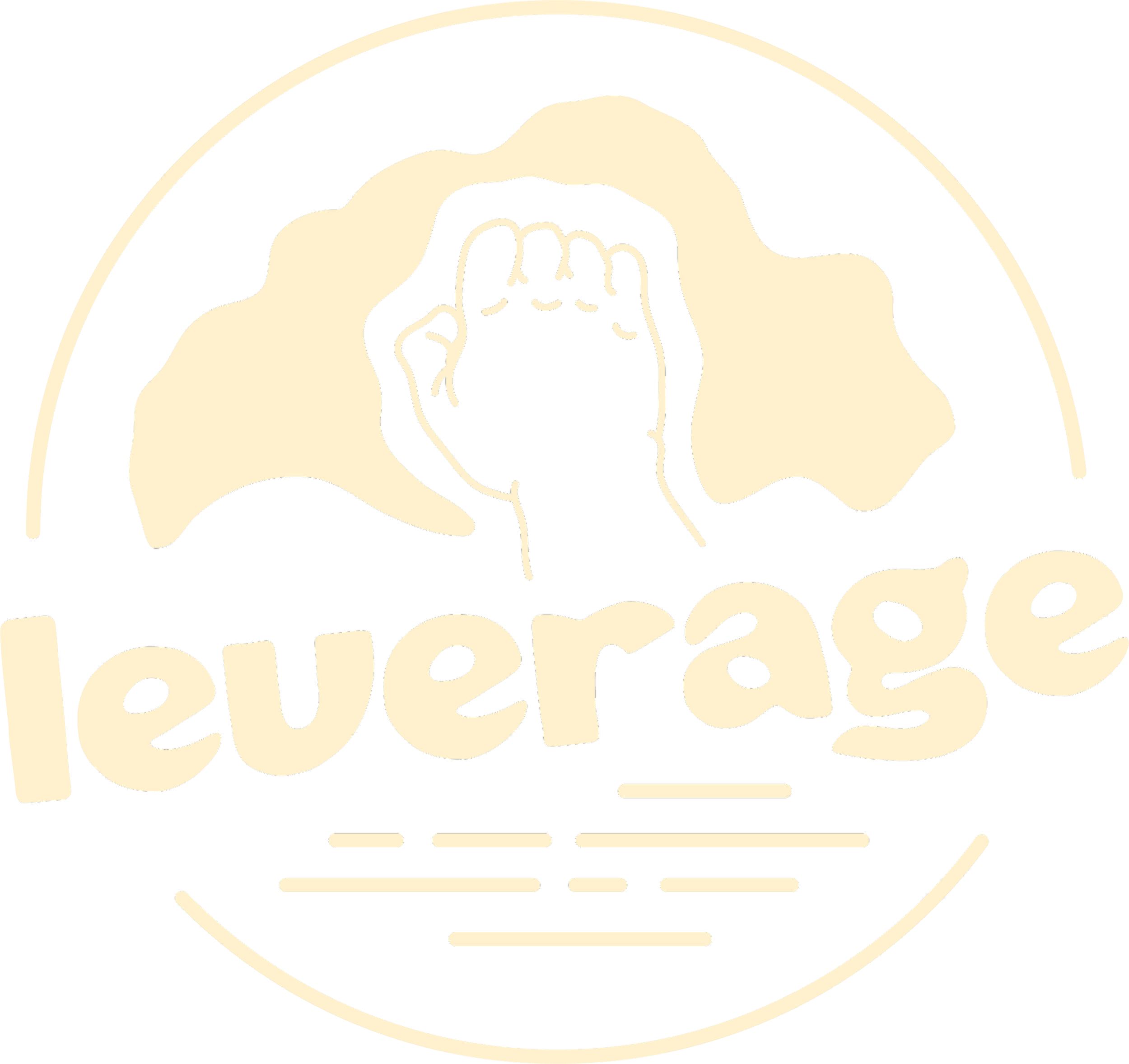 A beige and black logo featuring a hand making a peace sign with the word "leverage" written below it and a wavy line pattern underneath.
