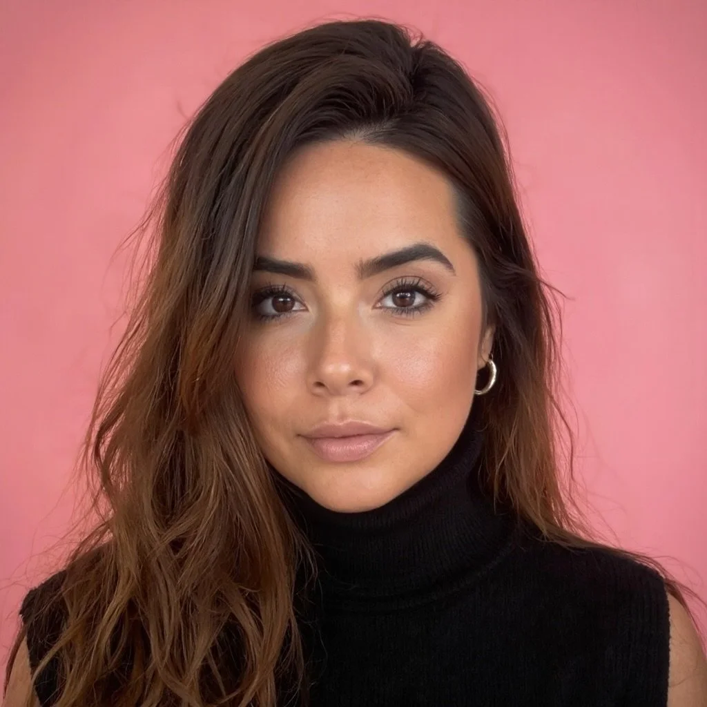 Woman with long brunette hair and hoop earrings against a pink background wearing a black turtleneck.