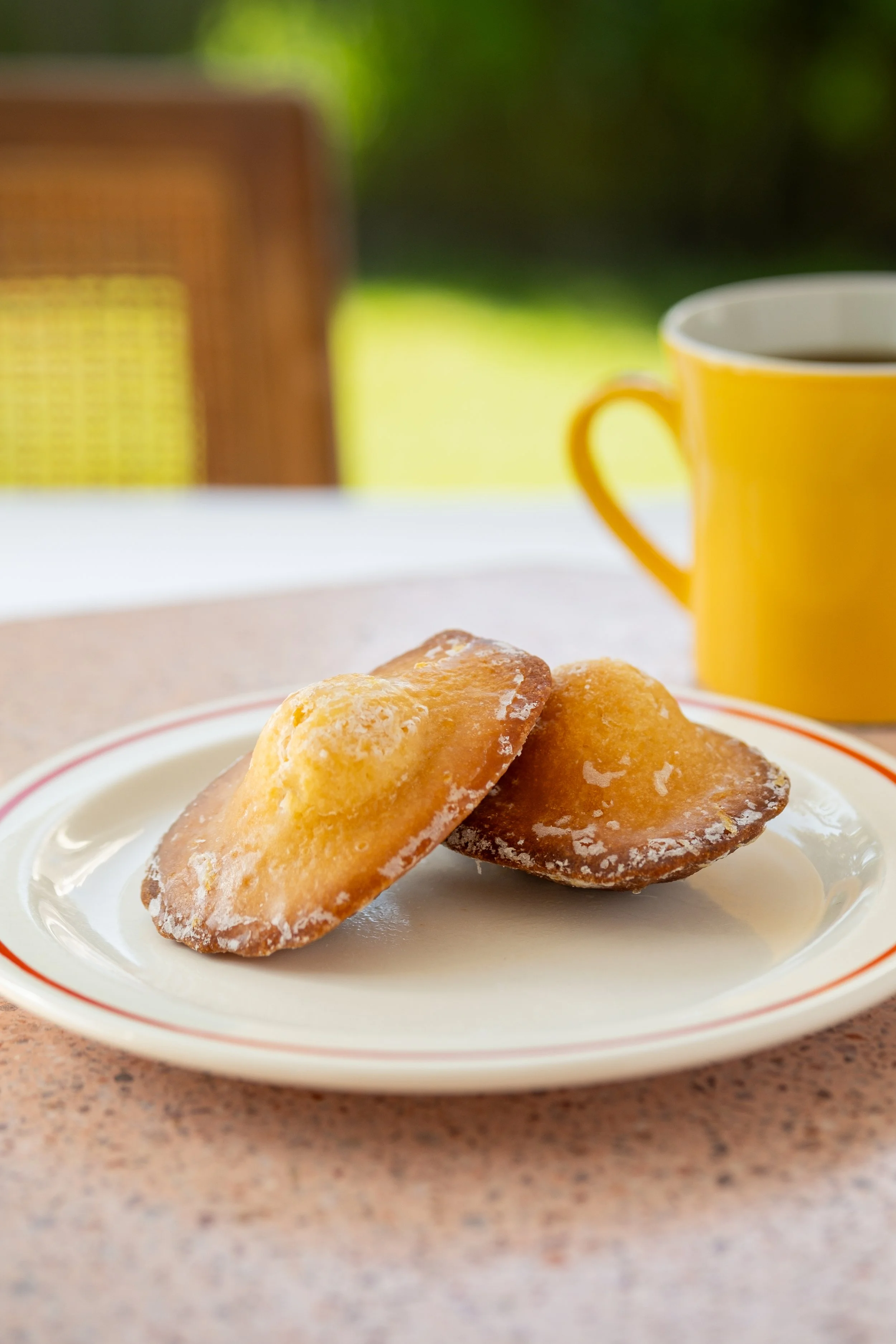 Plate of Madeleine citrus sponge cakes with yellow cup of coffee in the background