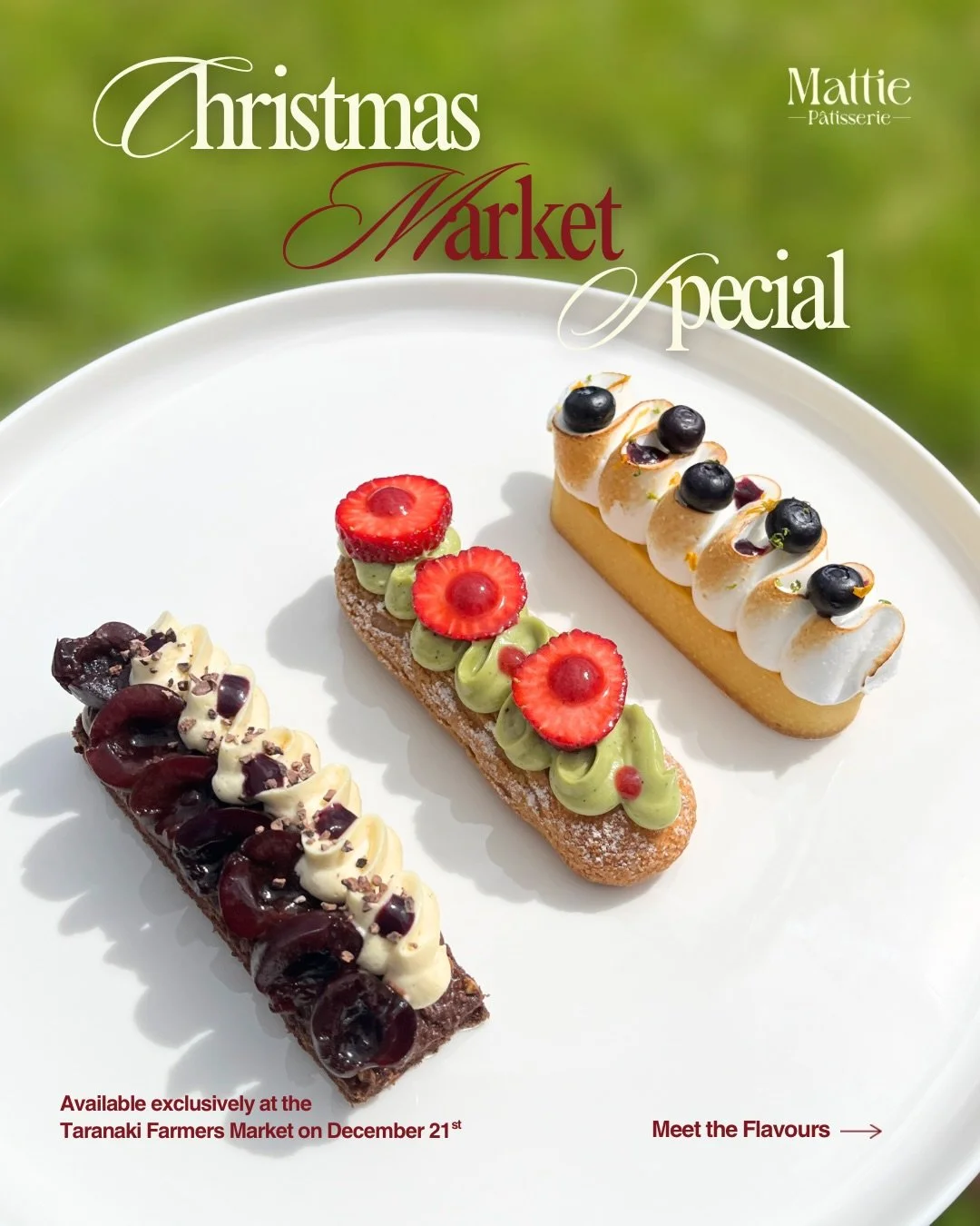 Our Christmas flavours are here for one day only !🎄✨

We&rsquo;ve created three special flavours just for the Christmas @farmers_market_taranaki , made with NZ grown fruit and our signature p&acirc;tisserie touch.

Freshly baked for this weekend onl