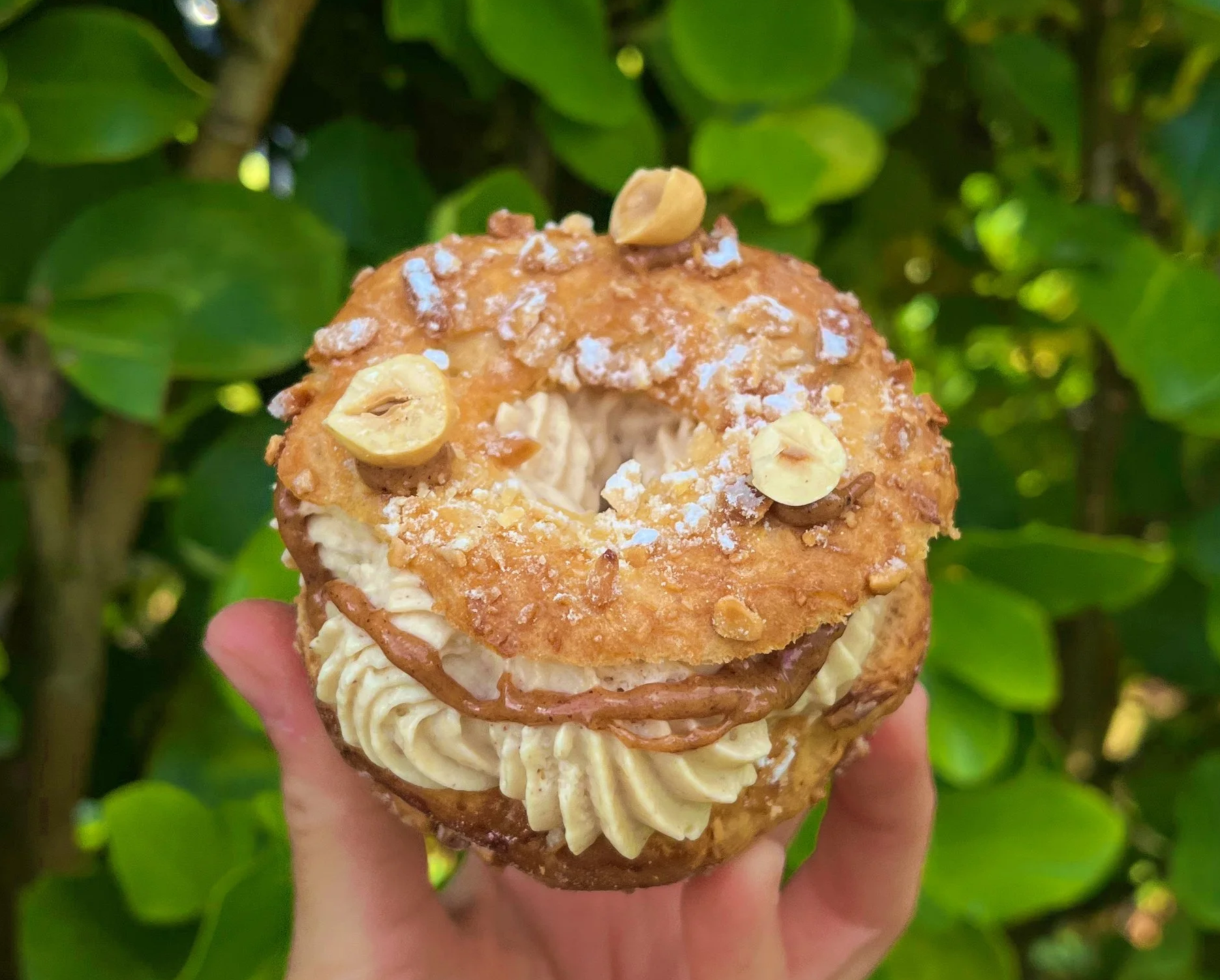 Close-up of a hand holding Praliné choux French Pastry
