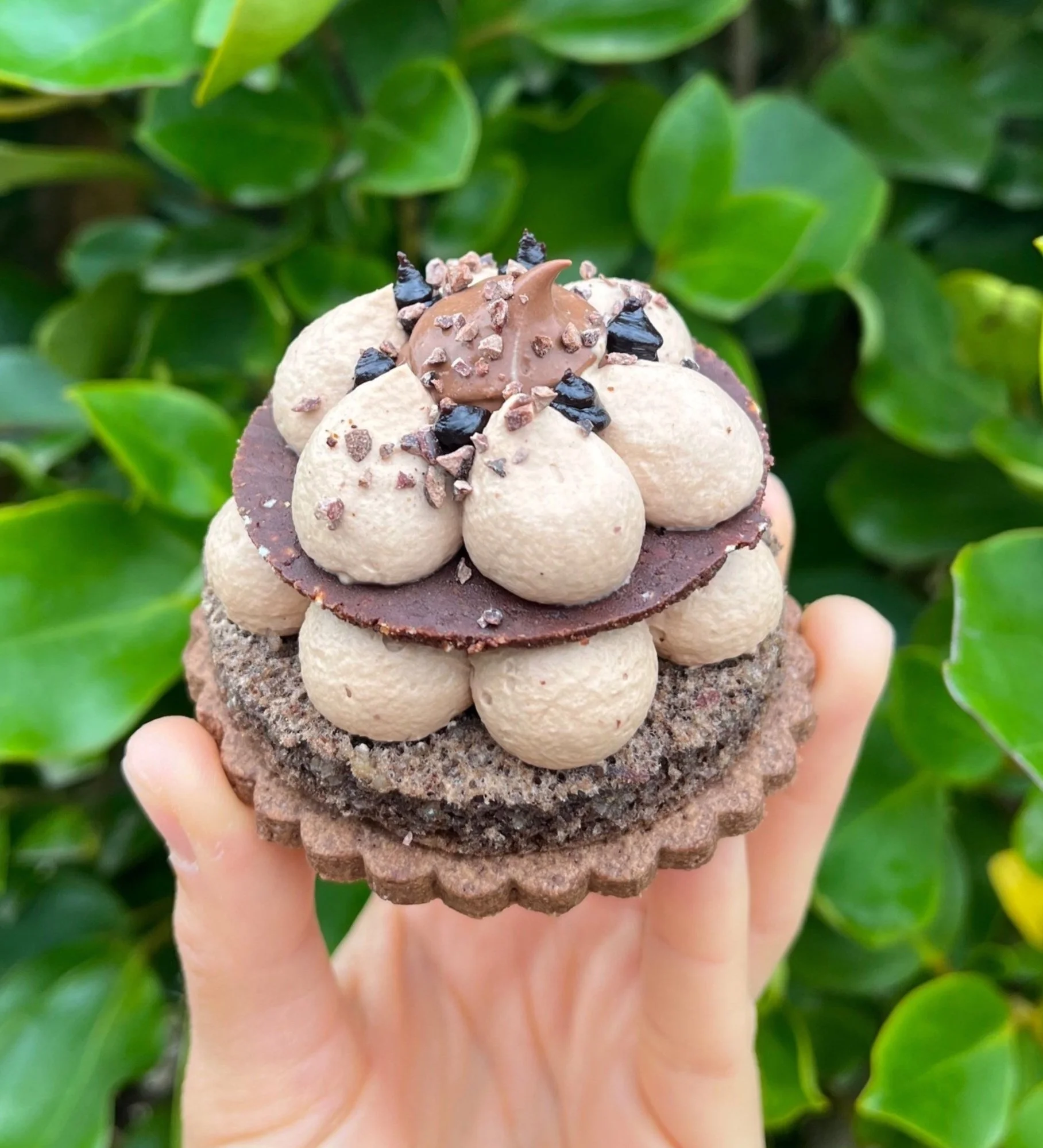 Close-up of a hand holding a Chocolate dessert