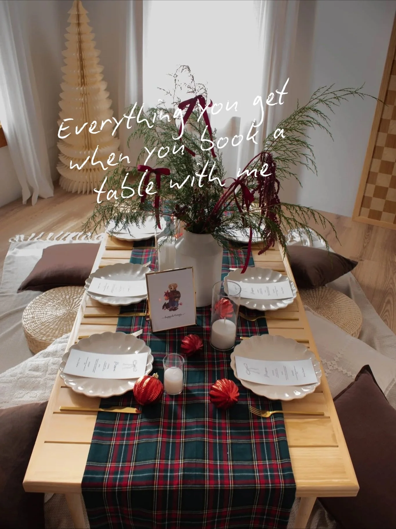 Are you hosting this year? Let me take one giant thing off your plate! Here&rsquo;s exactly what you get when you book a holiday tablescape 🎄

✔️ Table(s) + decor + tableware
✔️ Floor pillows + rugs (no chair rentals needed!) 
✔️ Setup + cleanup

Th