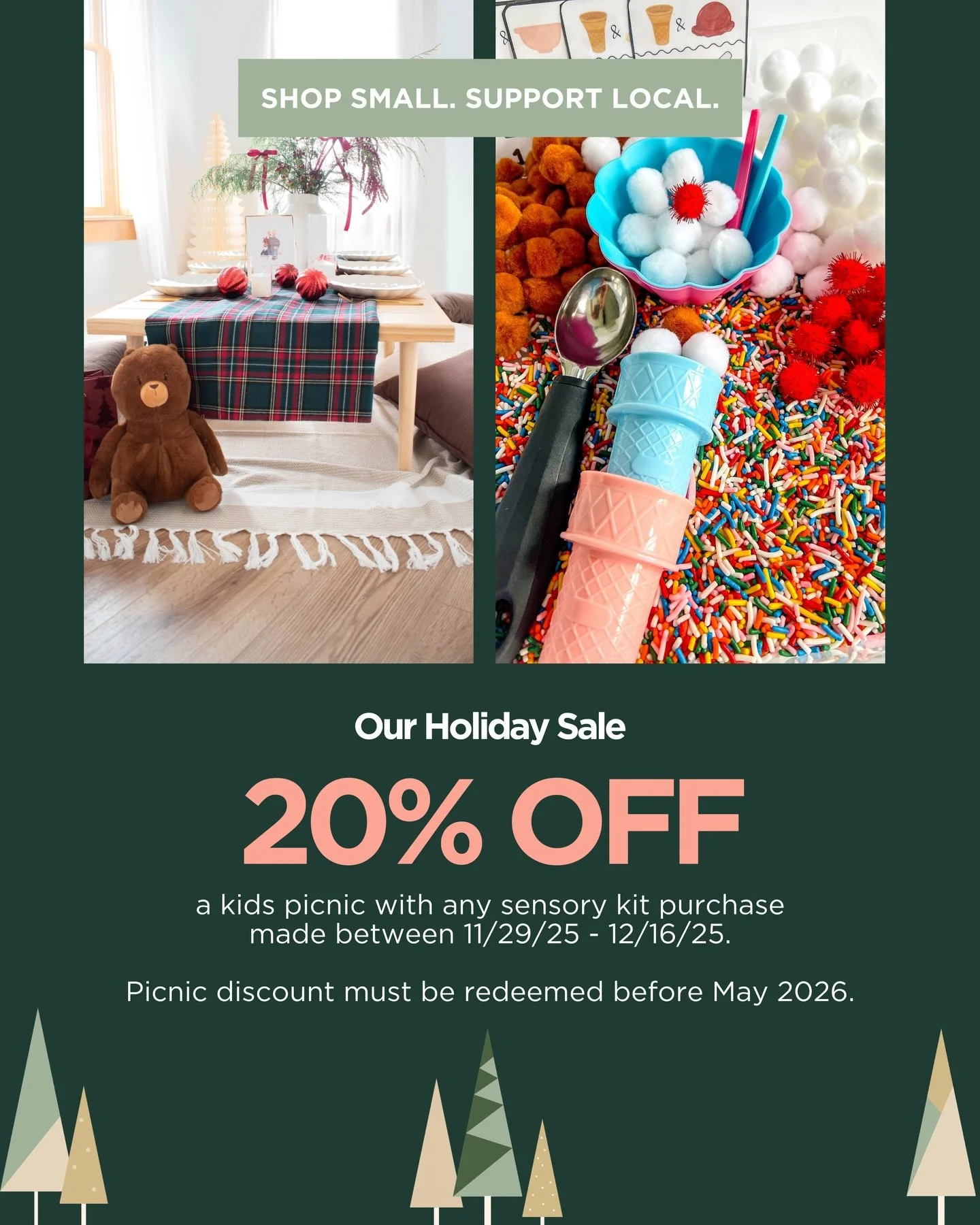 Shop small, celebrate big! ✨

Now through Dec 16, get 20% off a kids picnic by @openinviteindy with any sensory kit purchase from @the.mommy.toolkit.

We are so excited to partner together to bring our local community unique, family-friendly experien