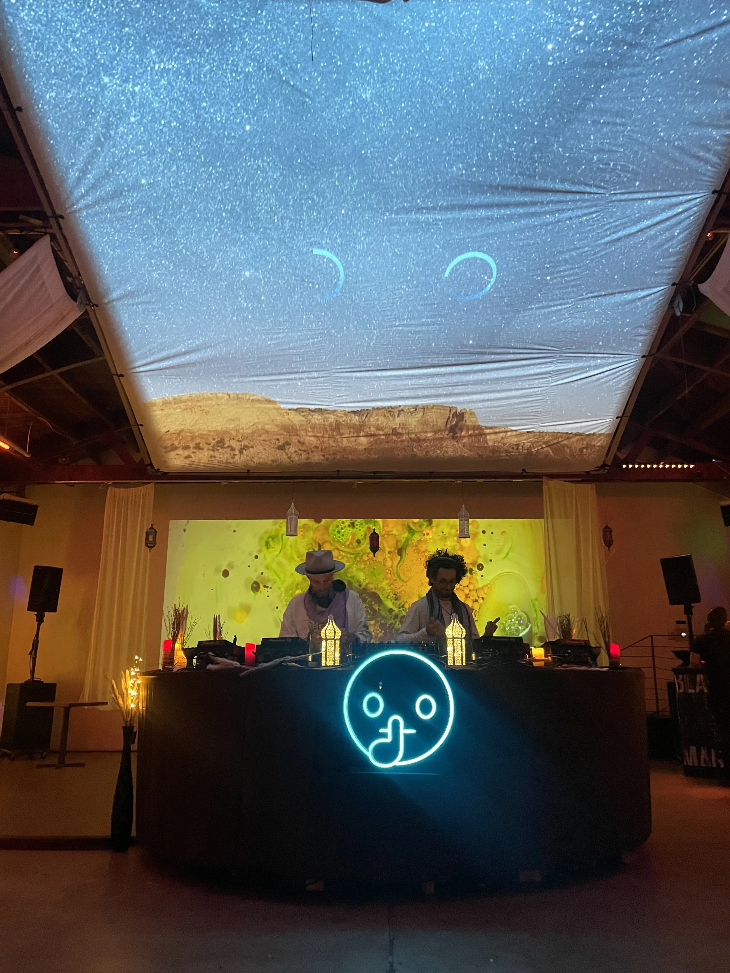 Public secret dj booth party in Venice beach California, Max Mignuex and Saand, rose room house music techno private party custom fabrication and production