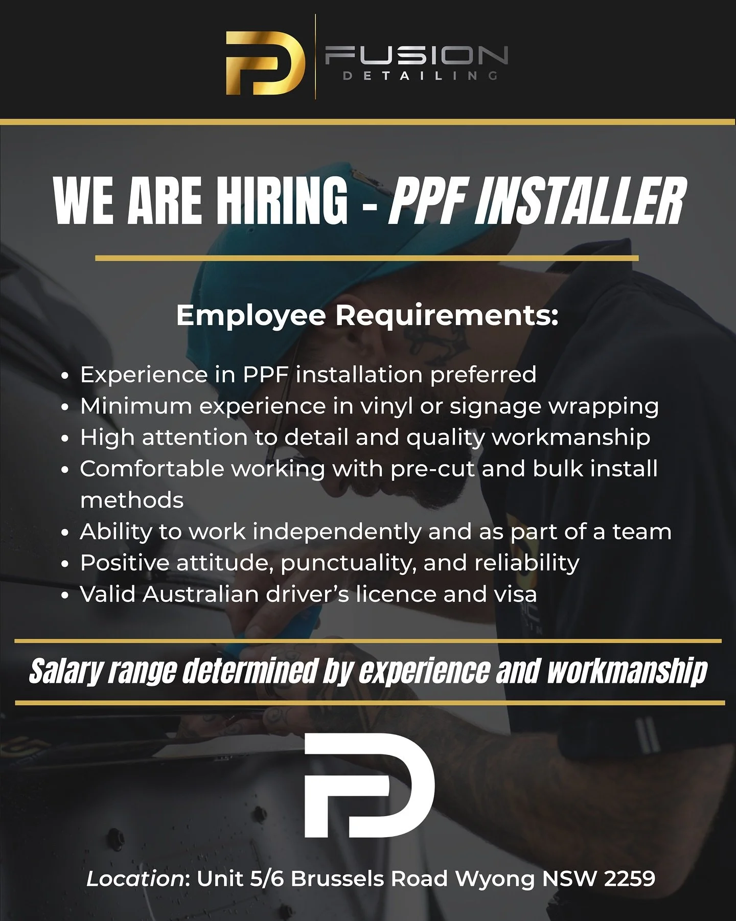 🚨 We&rsquo;re Hiring &ndash; PPF Installer with experience🚨

Got sharp hands, a sharp eye, and a love for premium cars?
We&rsquo;re looking for someone with a passion for cars and an eye for quality craftsmanship to join the Fusion Detailing team f