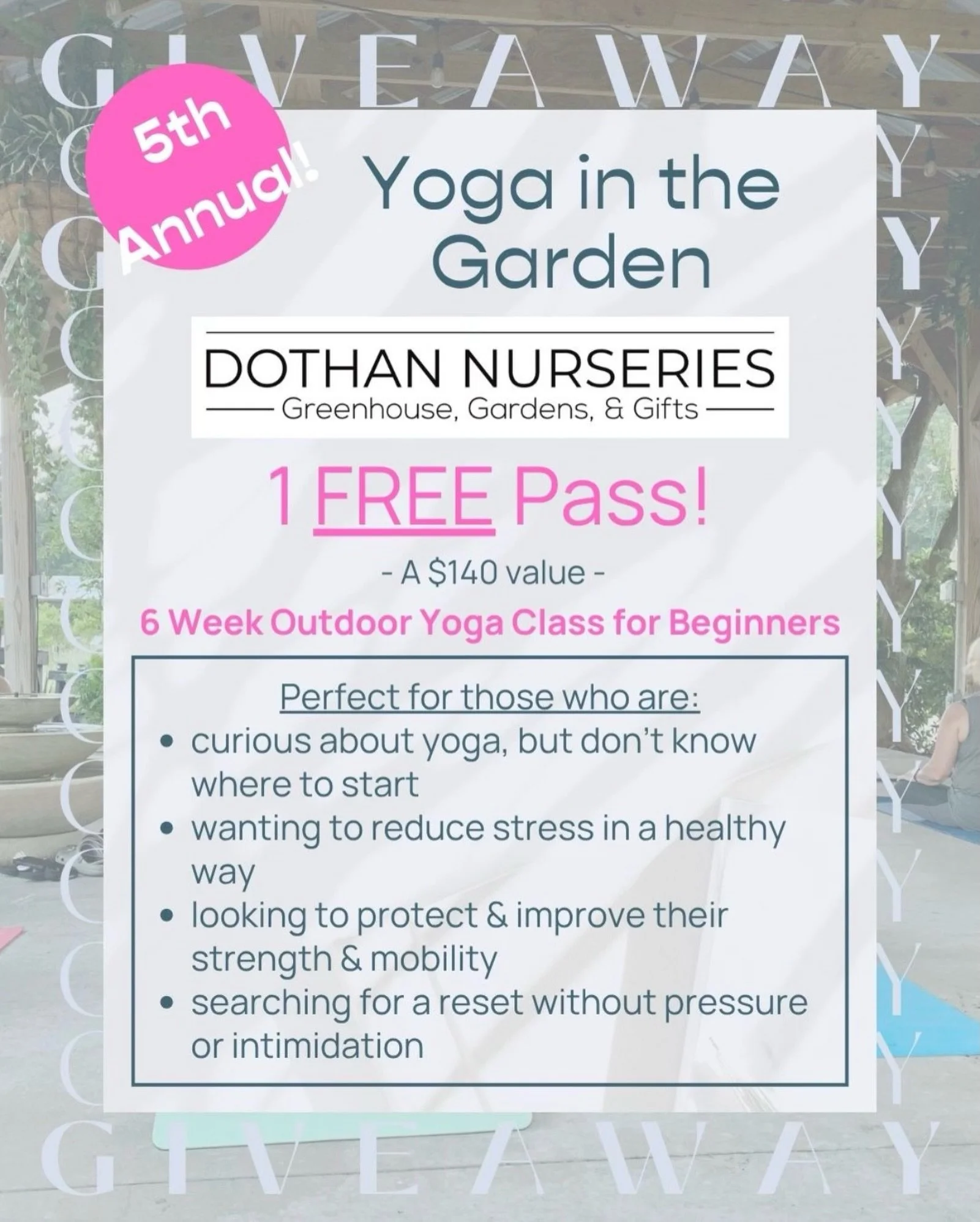 Get a FREE pass to my 5th annual in-person Yoga in the Garden event! 🧘🏼🌸

⬇️ How to enter:

1. Like this post
2. Comment and tag 3 friends on this post
3. Share this post to your story &amp; tag @dothan.nurseries 

Not only will you get 6 in-perso