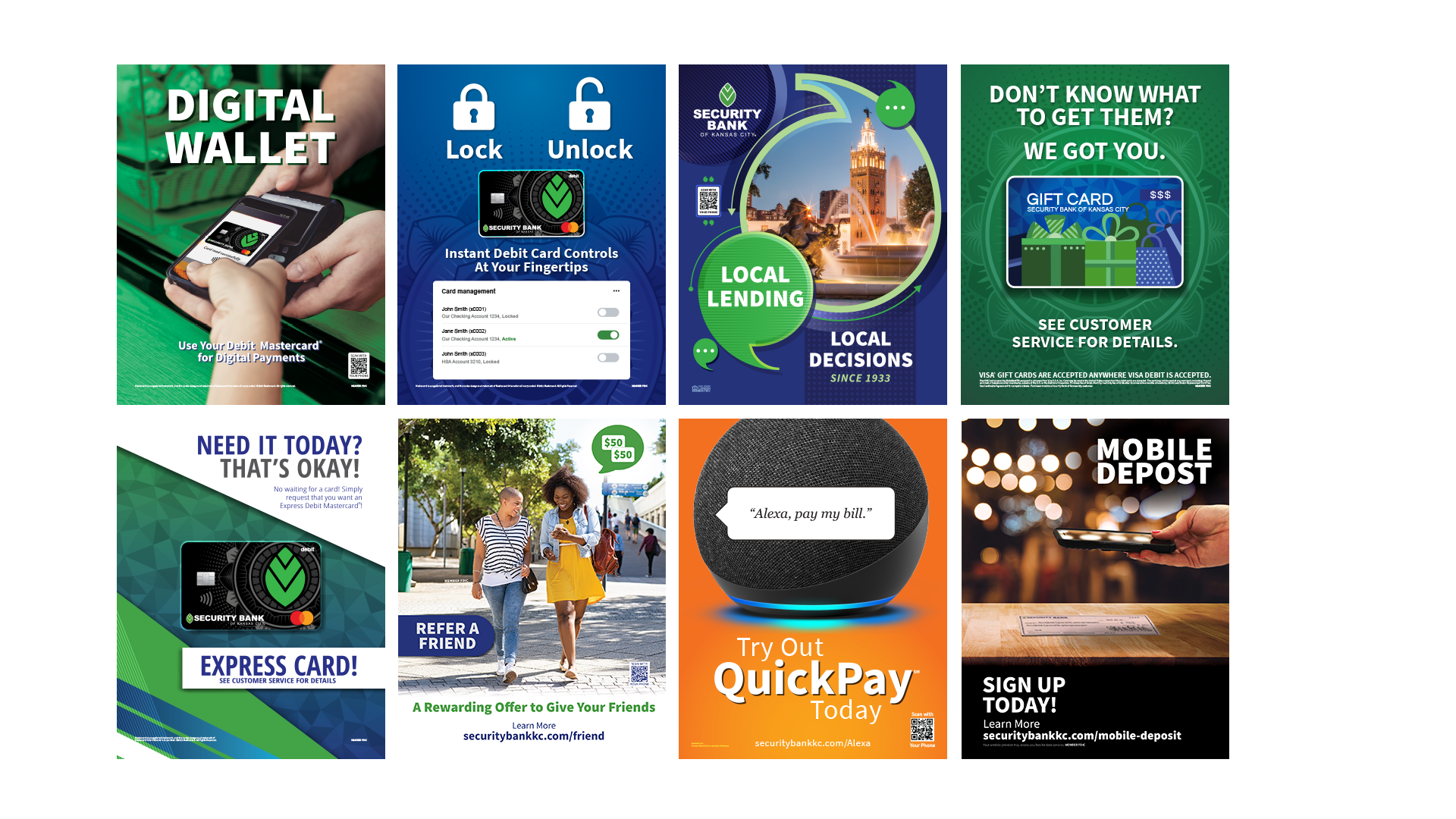 Turning Wait Time into Opportunity - This selection highlights just a few of the many in-branch posters I've created to transform busy lobby moments into chances for customer education and product engagement. Each design is paired with a matching bro