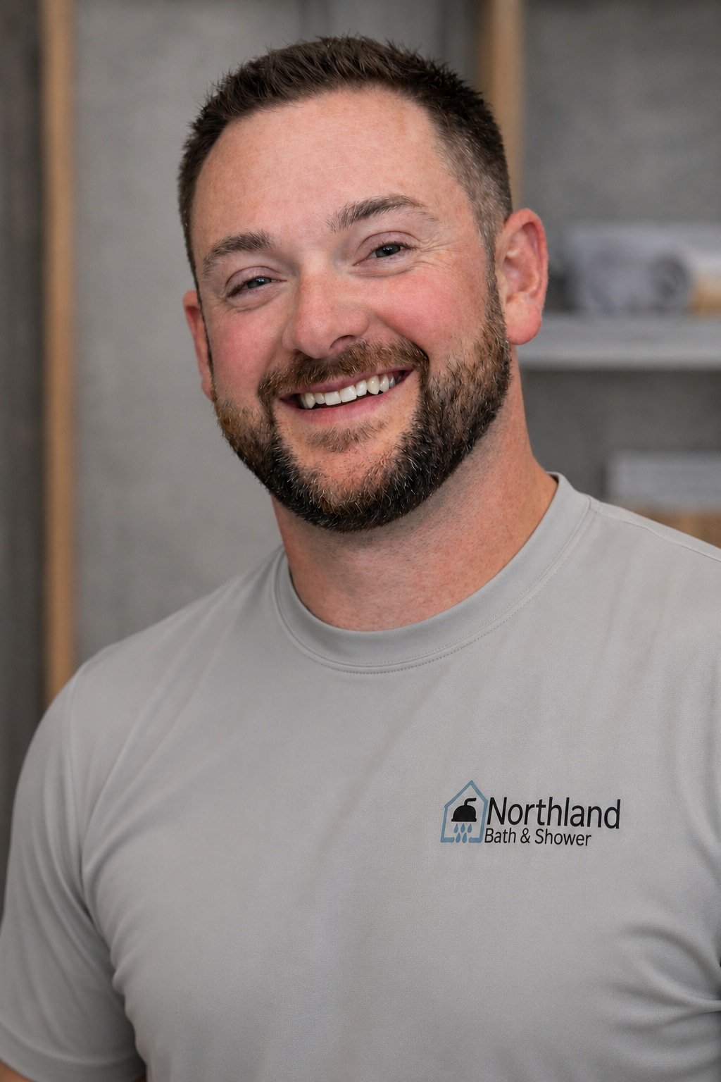 A smiling man wearing a gray shirt with the logo of Northland Bath & Shower.