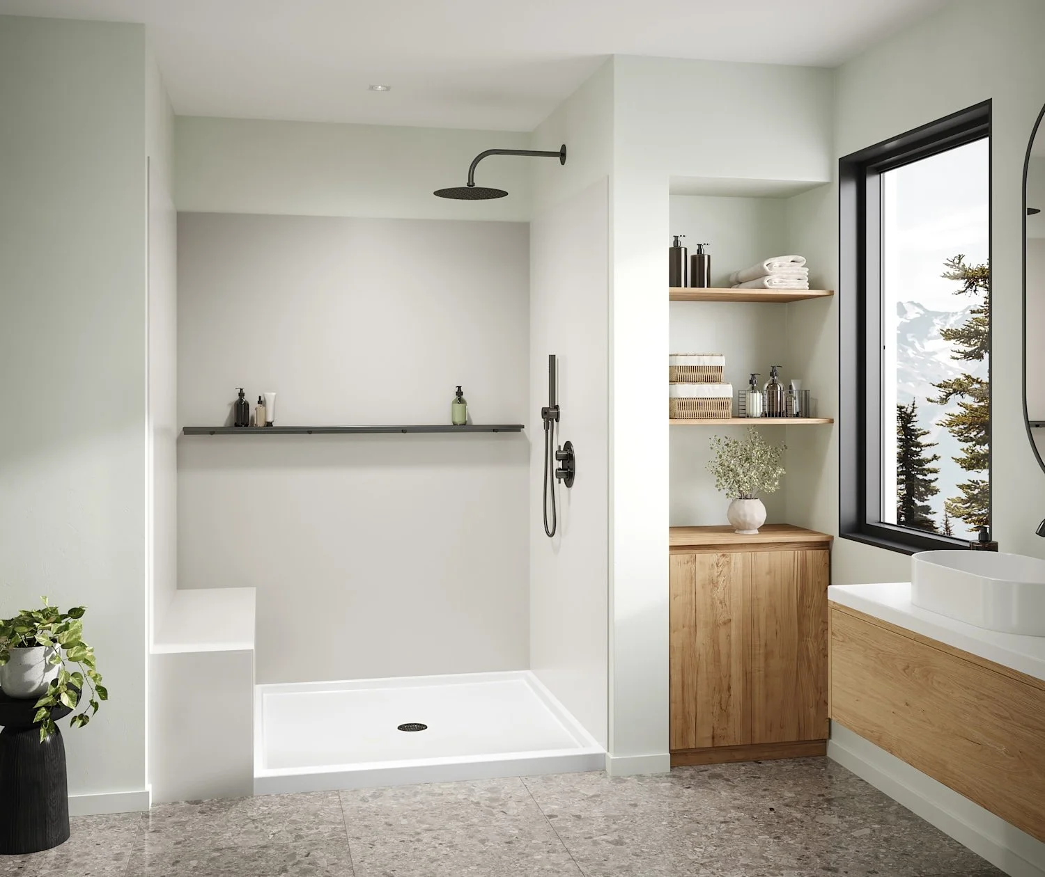 Modern bathroom with a walk-in shower, large window showing a mountain and trees, wooden shelves with towels and toiletries, a washbasin with a white vessel sink, and decorative plants.