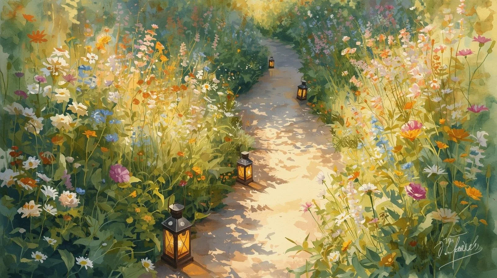 image representing the returning path, wildflowers, garden path, sunshine, soft watercolor with a lantern on the path to guide, smaller lantern, more flowers, some shadow.jpg