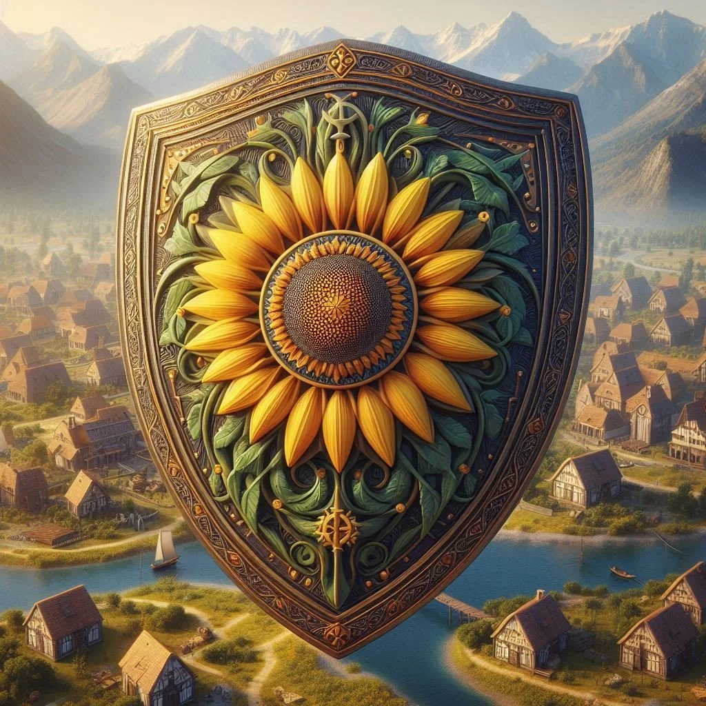 A large ornate shield with a sunflower design in the center, featuring yellow petals and green leaves, set against a landscape of a river with houses and mountains in the background.