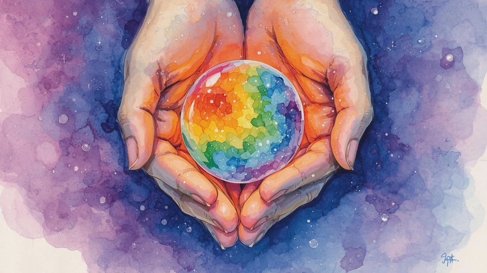 soft watercolor, rainbow colors, hands holding a small crystal ball in rainbow colors.jpg