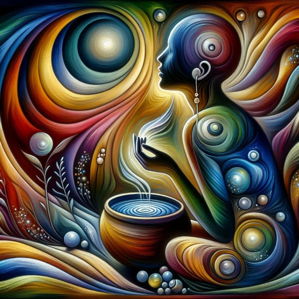 Abstract digital painting of a woman with her eyes closed, sitting with a steaming cup in her hand. Surrounded by vibrant, swirling colors and patterns that resemble water, plants, and cosmic elements, creating a mystical and peaceful atmosphere.