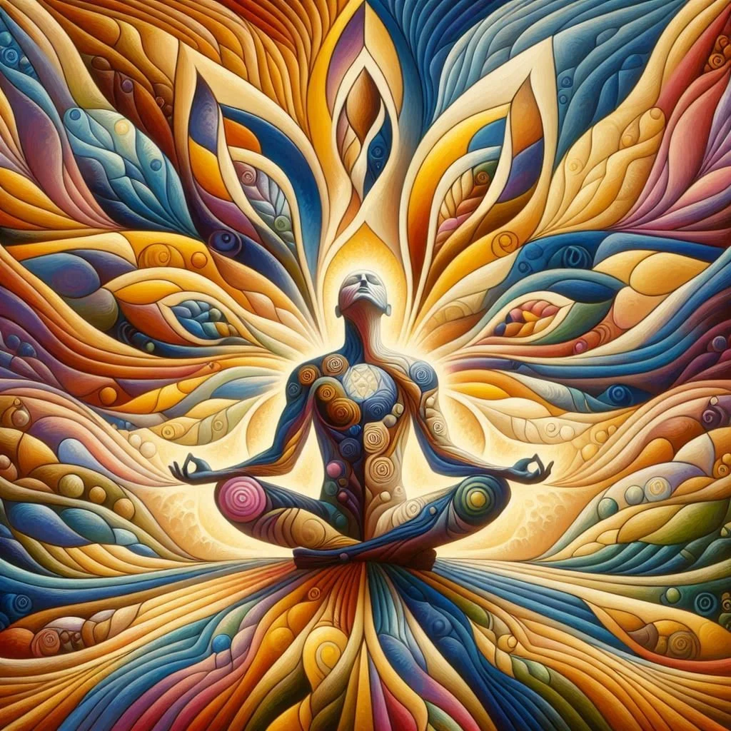 A vibrant abstract painting of a person meditating in a cross-legged pose, surrounded by swirling colorful patterns that resemble flames or energy, emanating from their body and creating a dynamic, spiritual atmosphere.