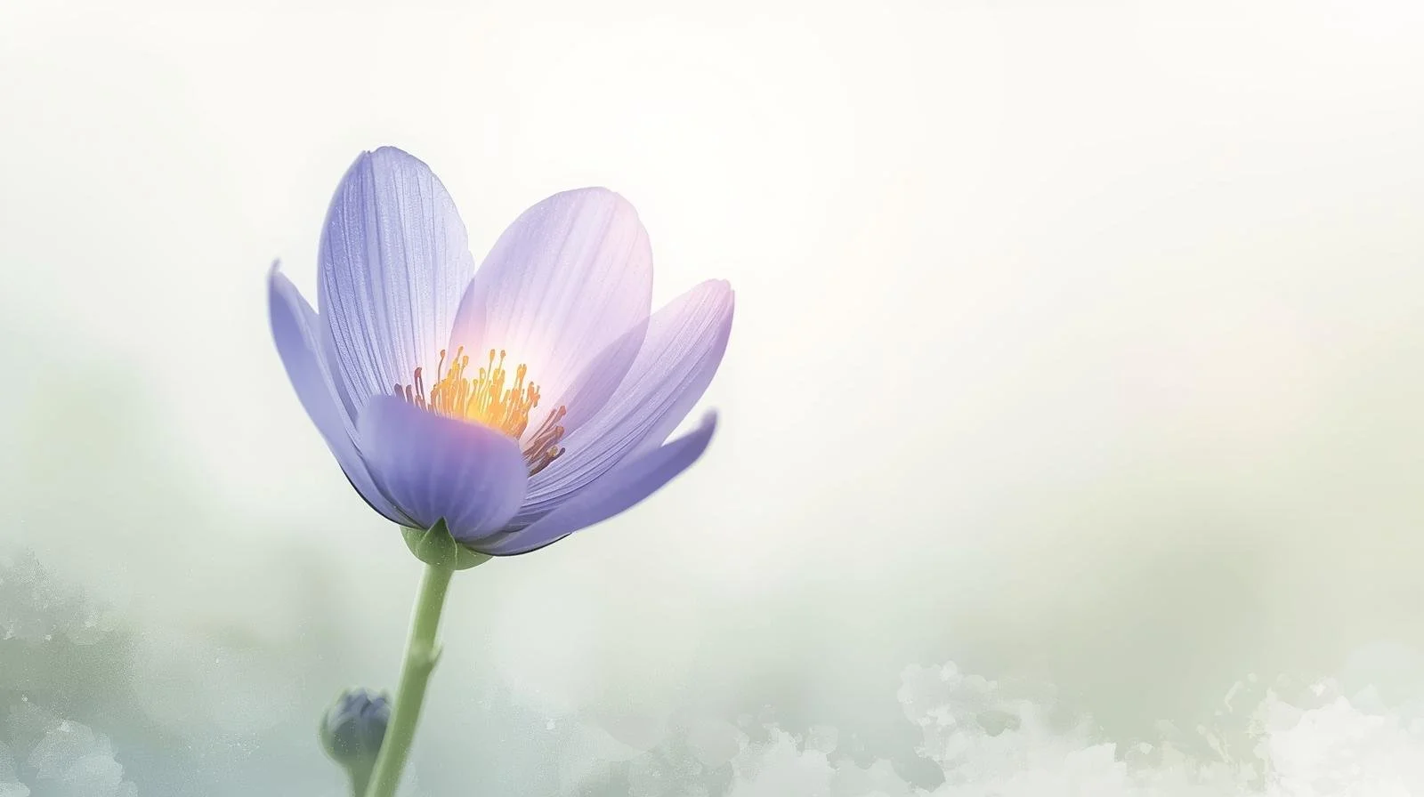 flower petals slightly open, soft golden glow in center, misty background, flower in foreground, lavender with blue hues, white, sage, soft watercolor.jpg