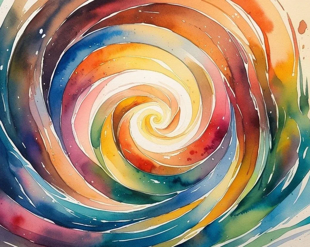 Abstract watercolor painting of a colorful spiral pattern with splashes of paint.
