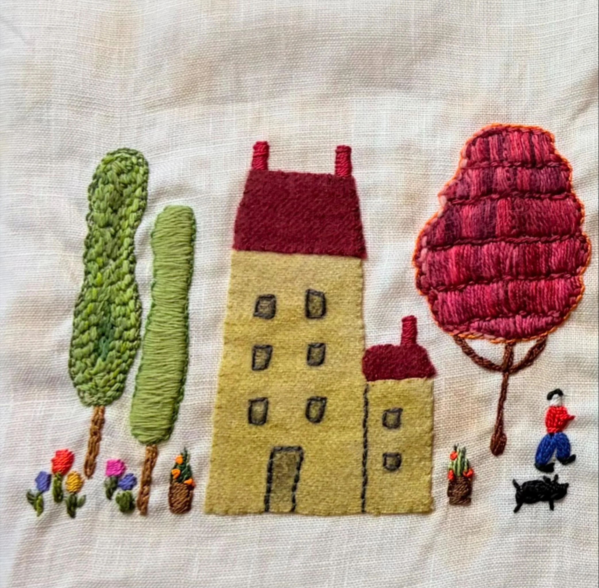 Part of a larger piece, different houses and activities using felt and embroidery threads #handembroidery #embroideryart #embroideryworkshop #textileart #handstitched