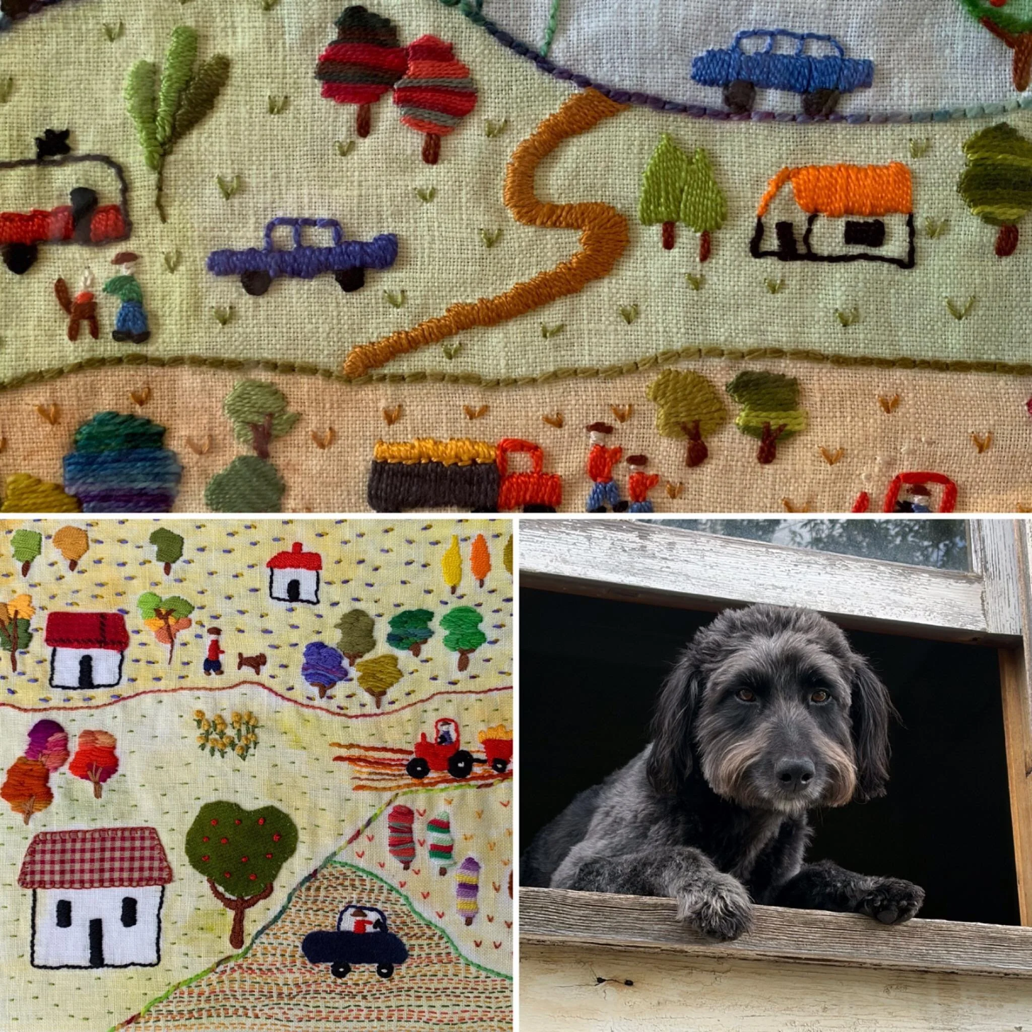 A couple of little embroideries and Holly our Border-Collie/Poodle. She loves to say goodbye when we go out. Hasn&rsquo;t jumped out the window as yet🤞#handembroidery #embroideryart #handstitched #textileartist
