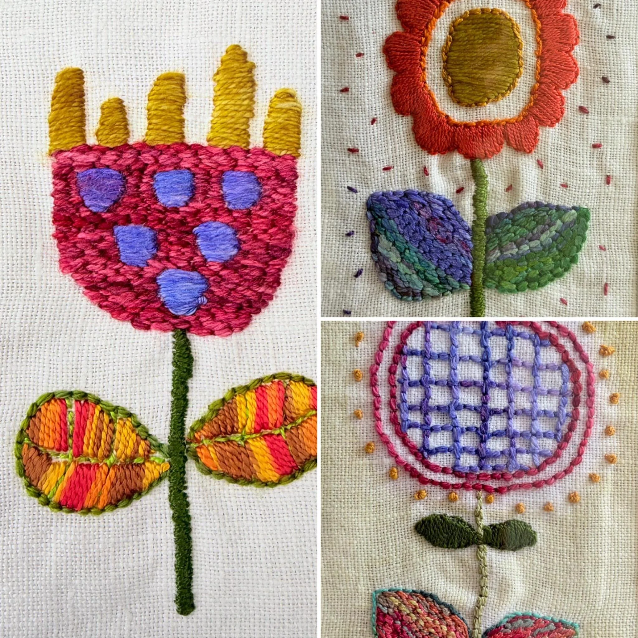 Three little embroideries. You can see I don&rsquo;t waist a moment in the evenings, all ways doing something.
Really enjoy doing the embroideries making it up as I go. #handstitched #textileart #embroideryartist #flowers