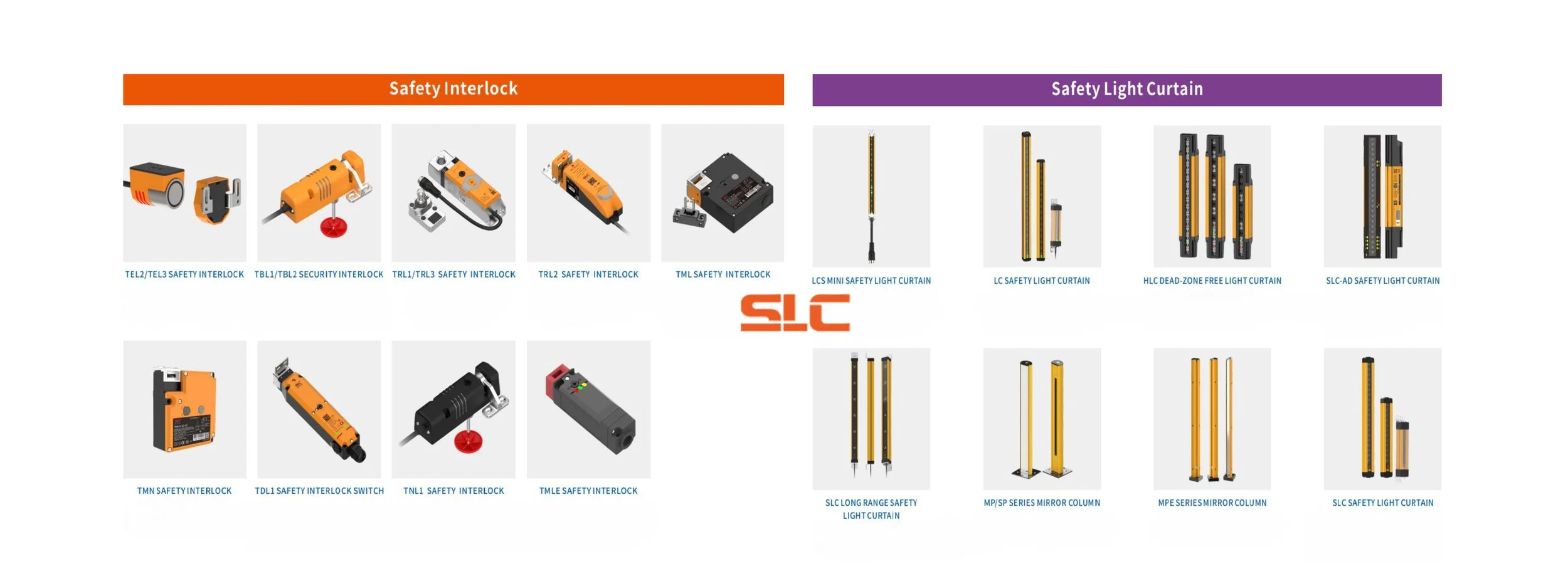 A catalog of safety and security equipment including interlocks and light curtains from SLC, with images and labels for each product.