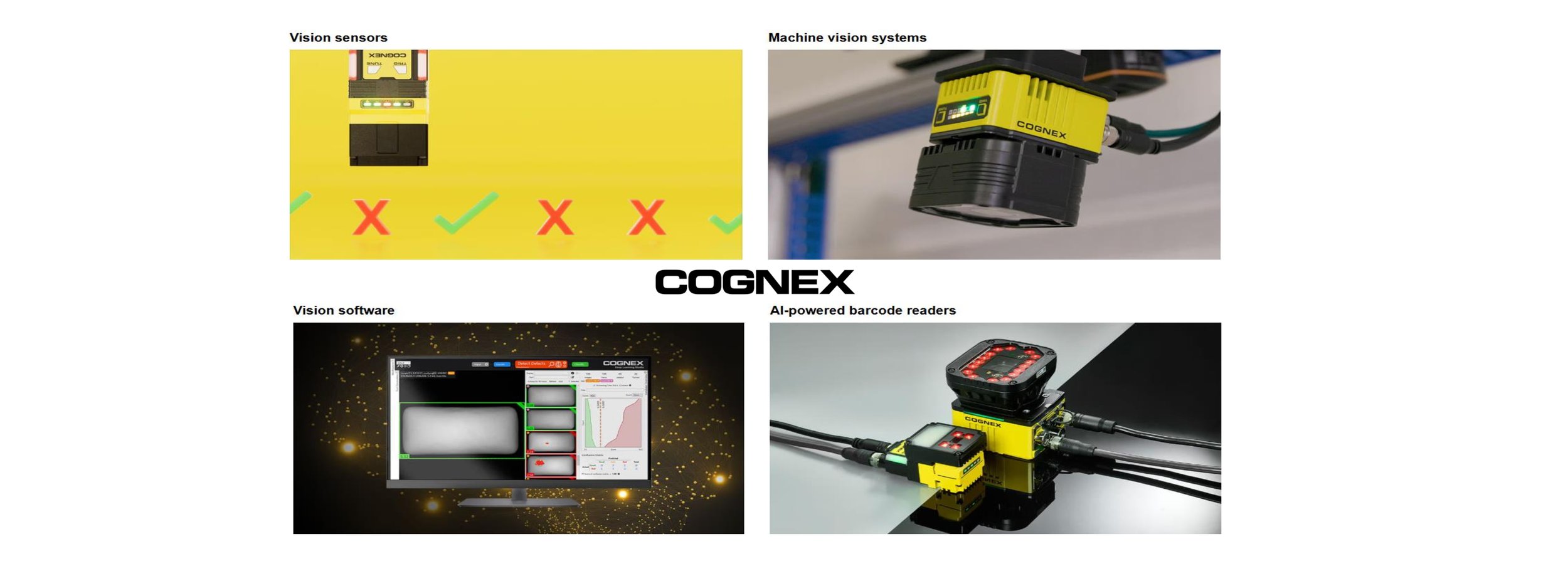 A collage of four images showing Cognex vision systems, including vision sensors, machine vision systems, vision software on a computer screen, and AI-powered barcode readers.
