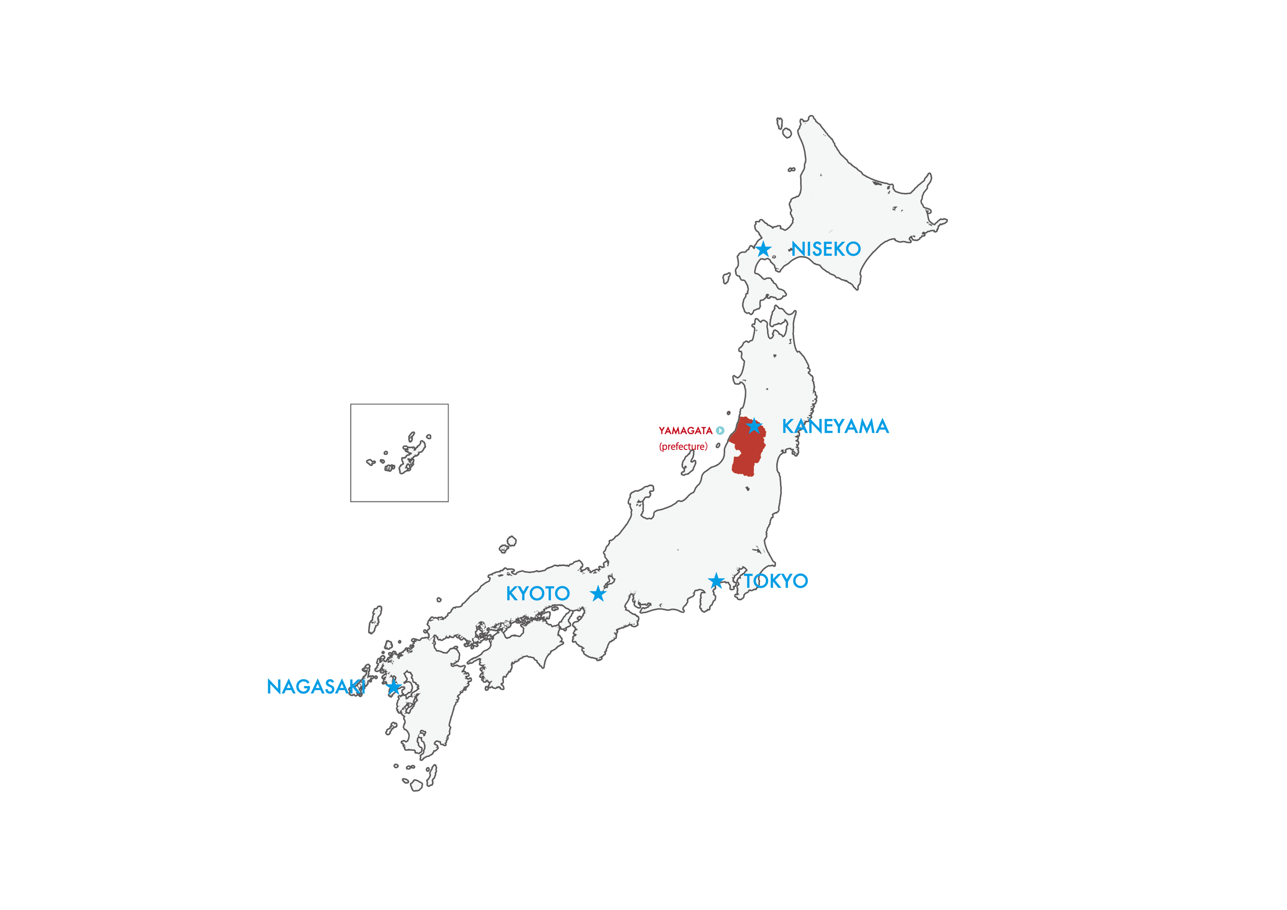 Map of Japan showing major cities Kyoto, Nagasaki, Tokyo, Kaneyama, Niseiko, and Yamagata, with Yamagata prefecture highlighted in red and marked as the Yamagata prefecture.