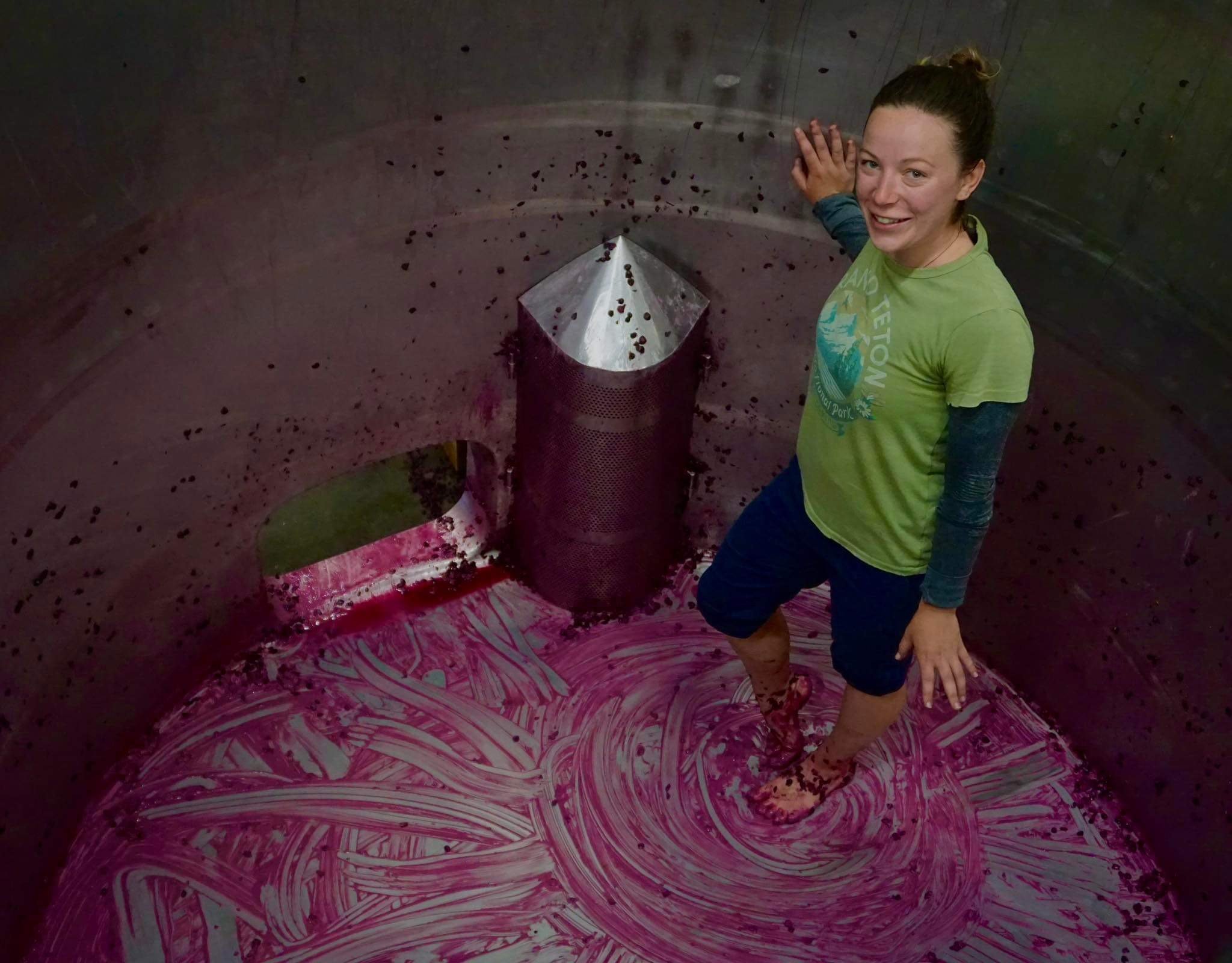 Person standing in a large fermentation tank filled with red grape must, used in winemaking.