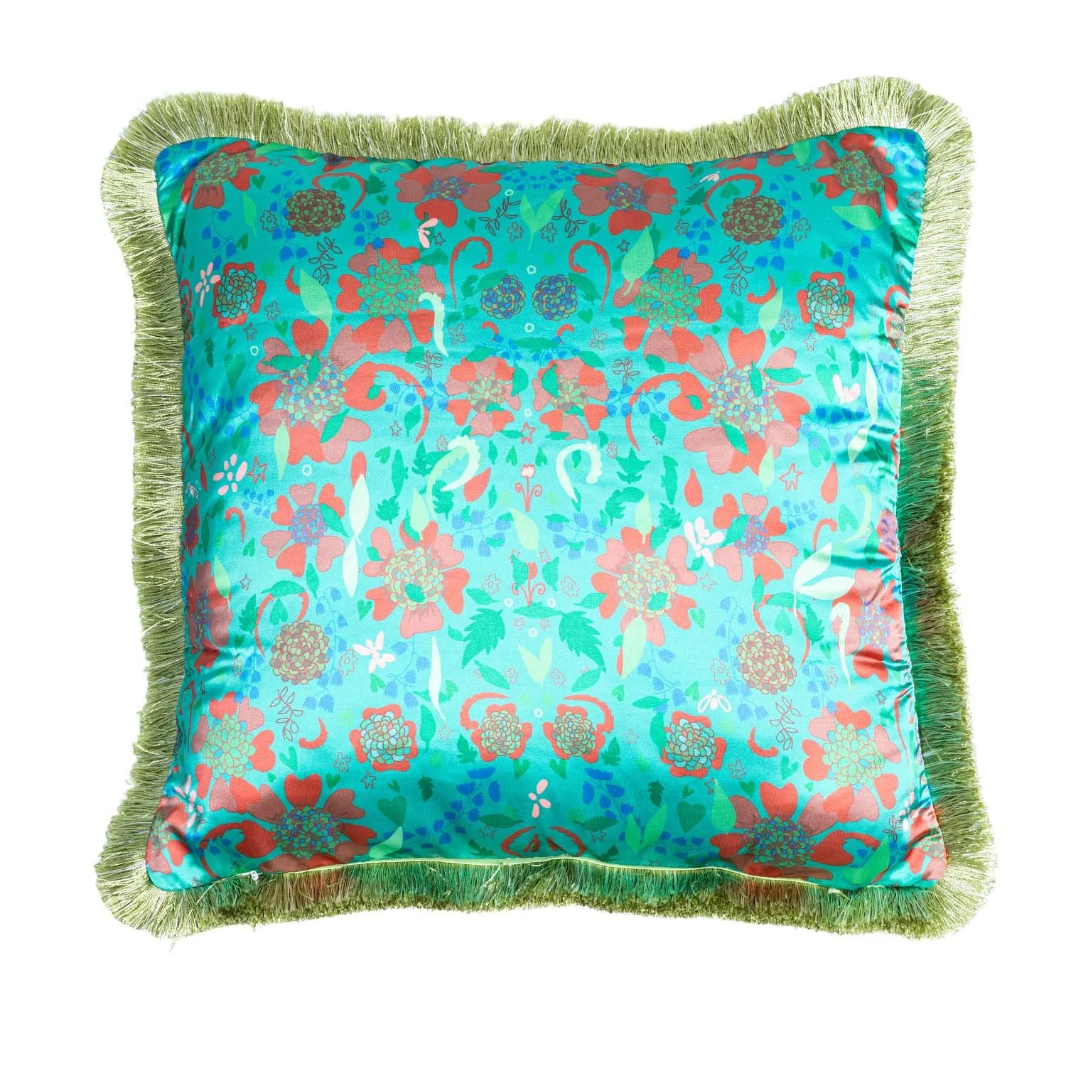 Fringe Satin Pillow Green Nights