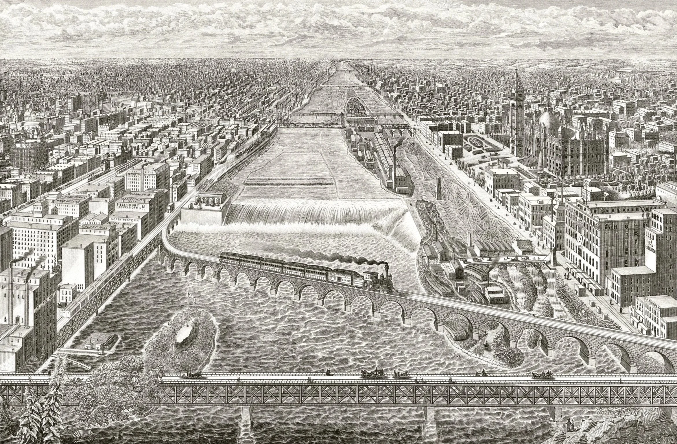 Historical black and white illustration of New York City, featuring the Brooklyn Bridge, Manhattan skyline, and the Statue of Liberty in the harbor.