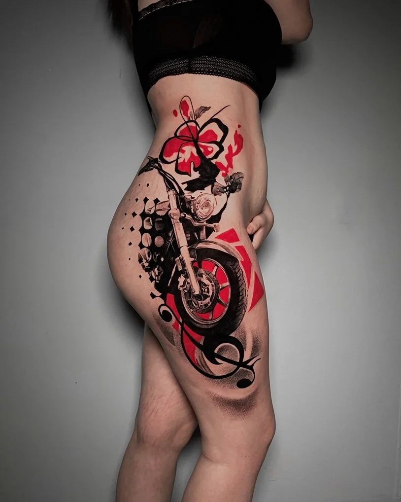 Tattoo with motorcycle in Trashpolka style. Made by Alex Mironenko from Boston