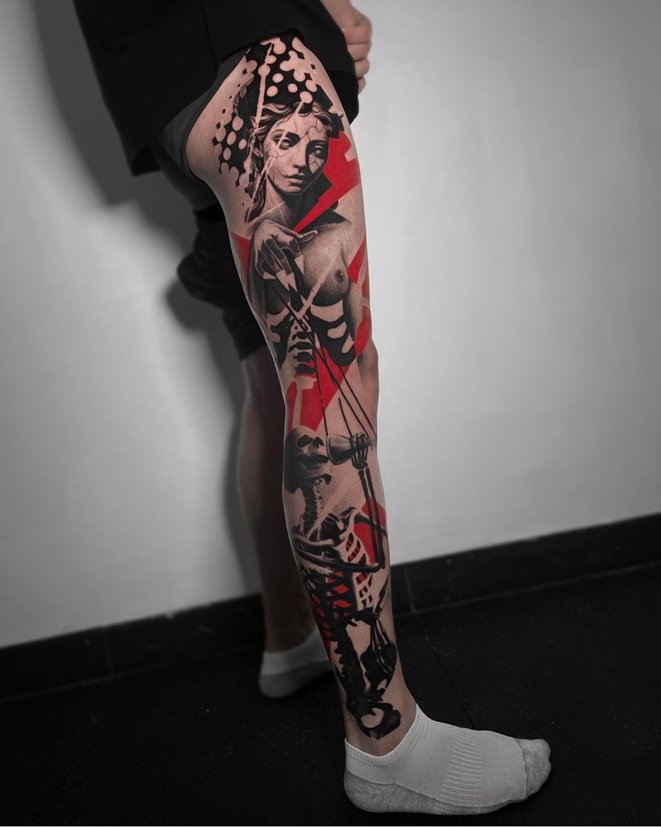 Full leg tattoo by Alex Mironenko, Boston, US
