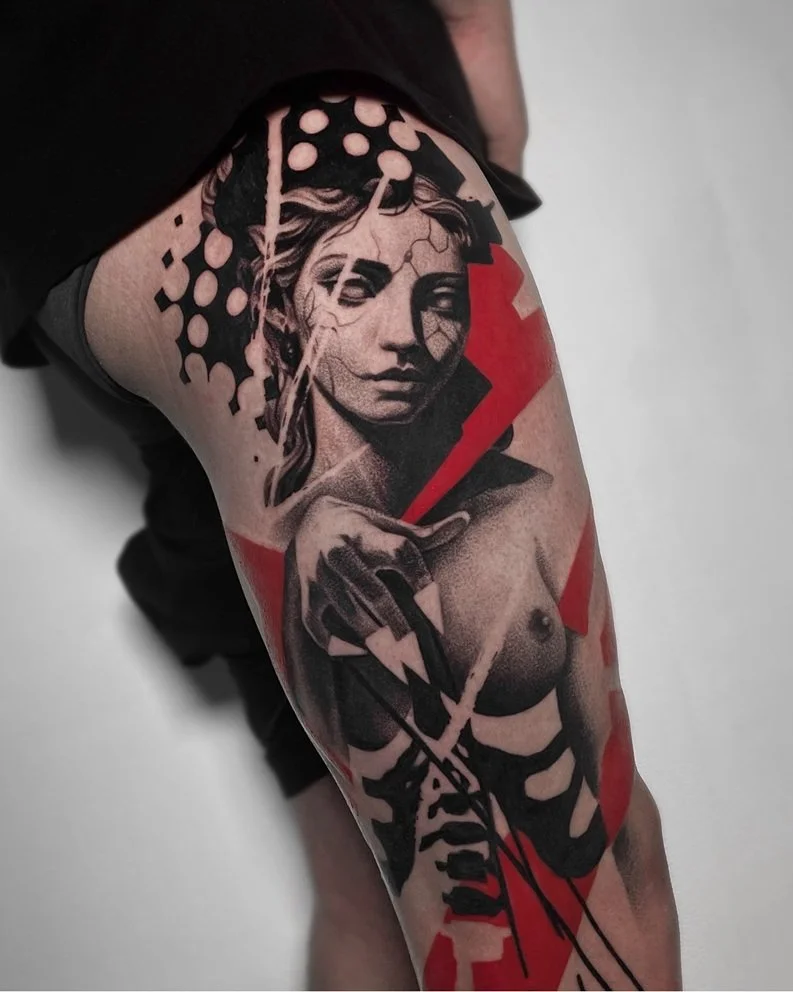 Demonic girl in black and red style. Tattoo by Mironenko Alex from Boston, US