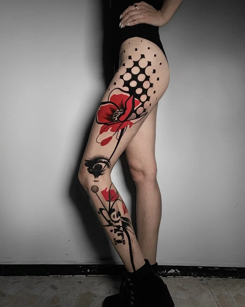 Almaty flowers on the leg tattoo