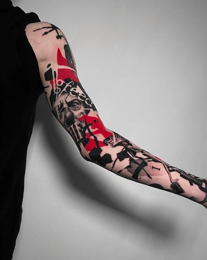 Trash Polka style tattoo in Boston, MA