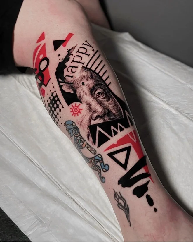 Benjamin Franklin's face in black and red style on the lower leg