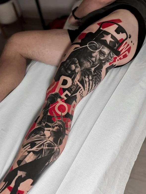 8 sessions for full around legsleeve tattoo. It has Uncle Sam, Statue of Liberty, 1776 date, American flag, The Eagle and the Bell