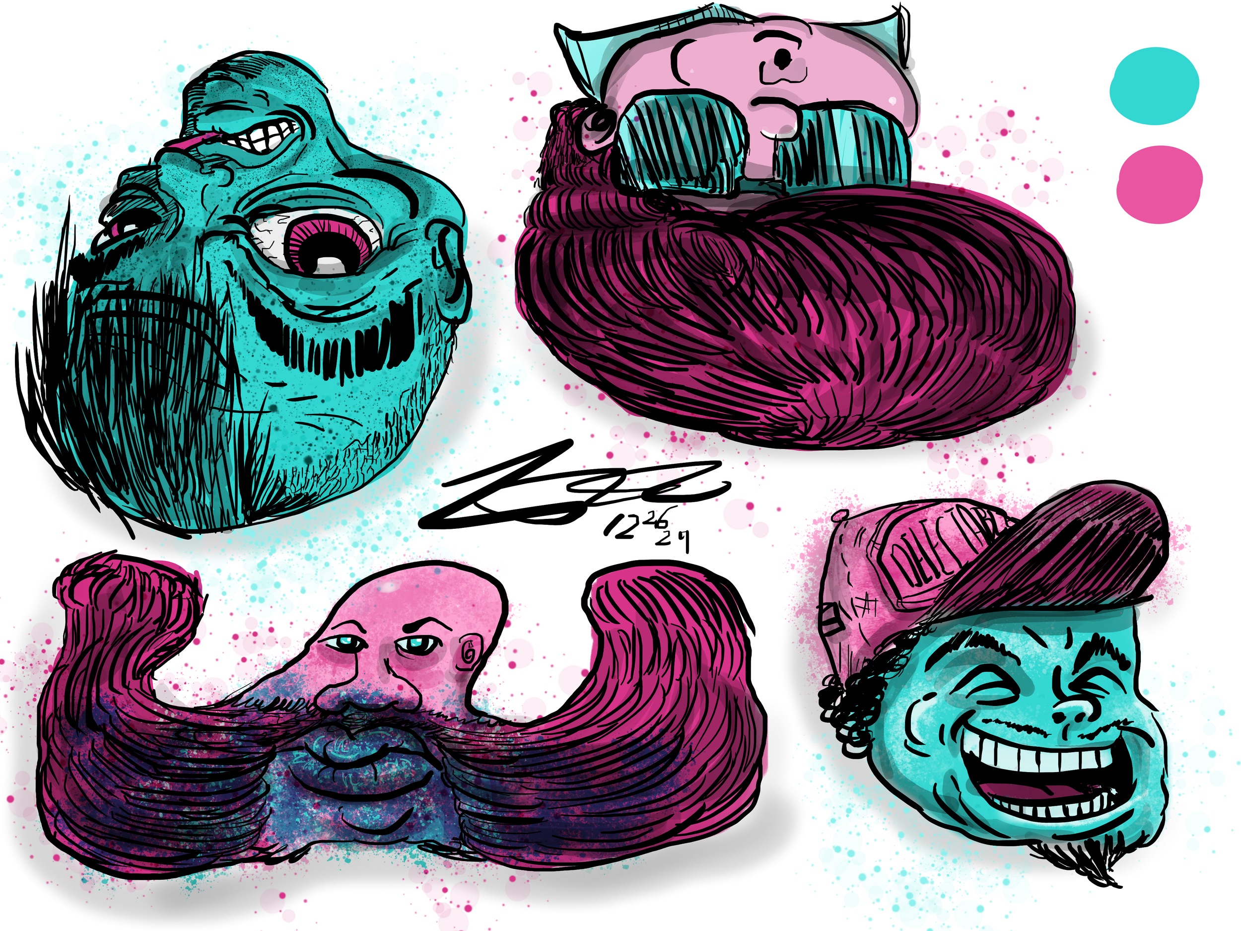 Colorful abstract art with four cartoonish faces, featuring exaggerated features and expressions in blue and pink hues.