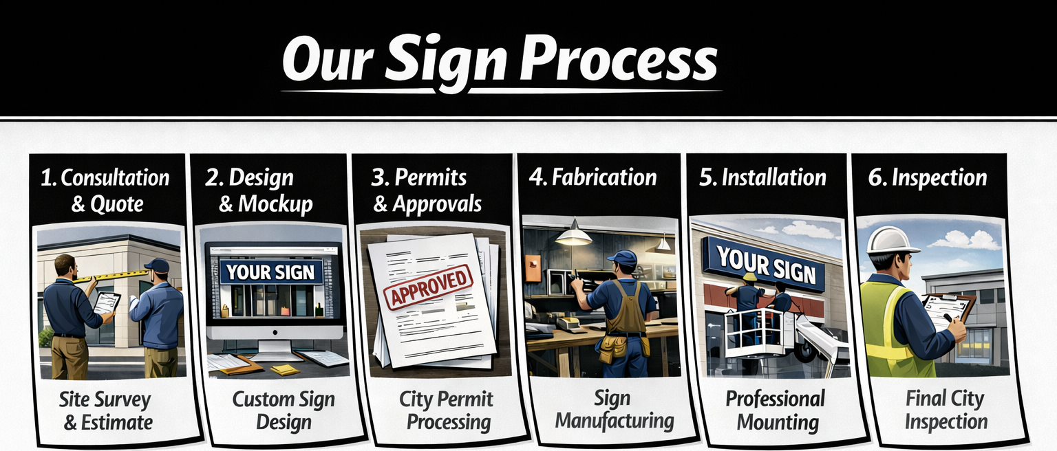 An infographic titled "Our Sign Process" illustrating six steps for making a sign: 1. Consultation & Quote with two workers discussing outside a building, 2. Design & Mockup showing a computer screen with a sign design, 3. Permits & Approvals with documents and an approved stamp, 4. Fabrication featuring a worker welding inside a workshop, 5. Installation with workers installing a sign on a building, 6. Inspection showing a worker with a helmet reviewing documents outside a building.