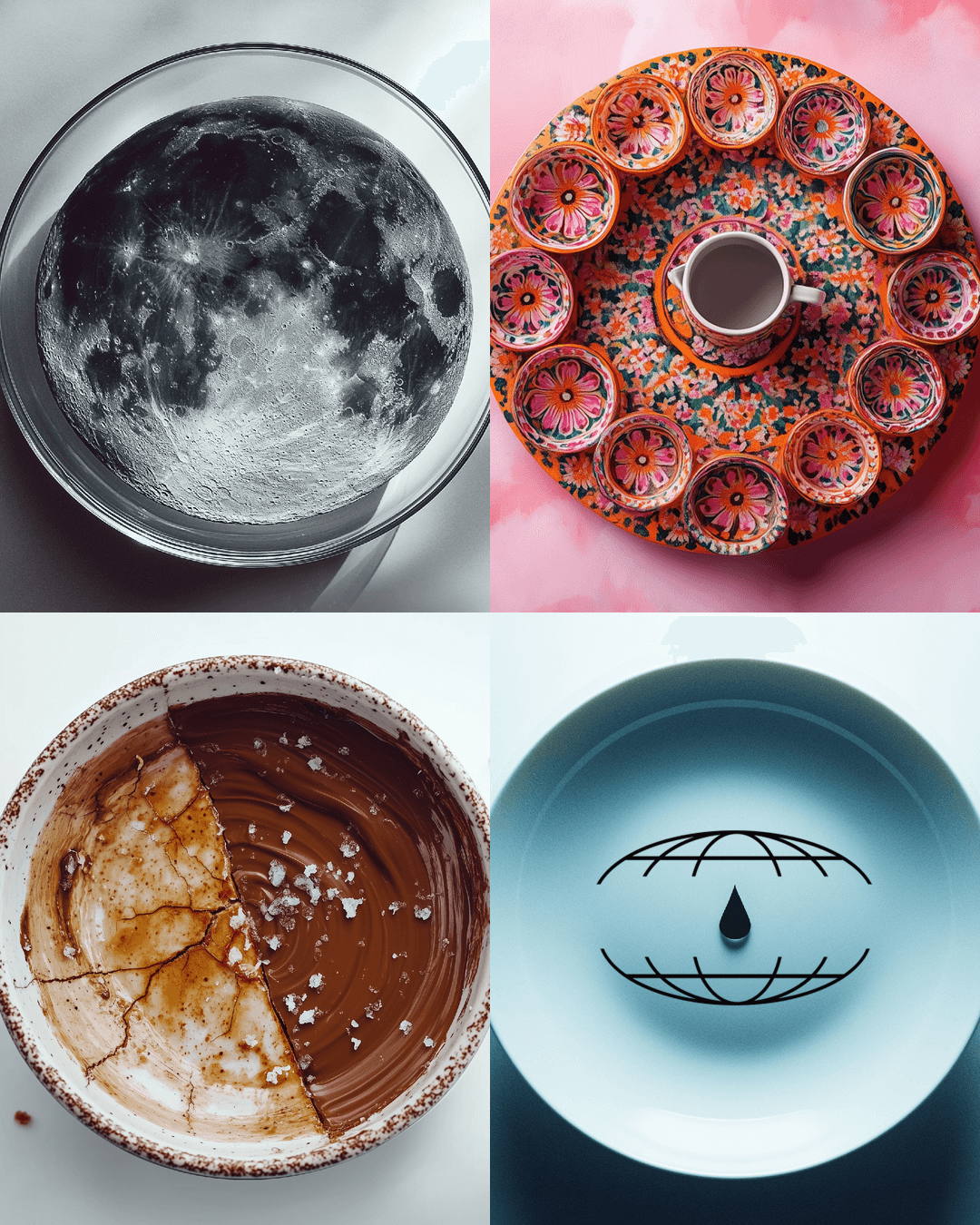 Collage of four interesting plates inspired by a concept meal: a moon-like surface in a bowl, colorful floral-patterned cups on a circular tray, a plate cracked in the middle with a brown dessert, and a blue plate with creepy corporate design.