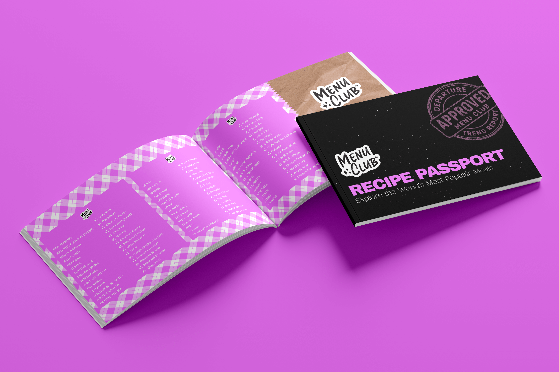 Open and closed "Menu Club Recipe Passport" book on pink background