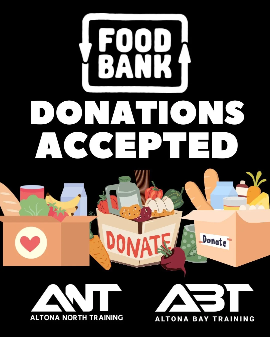 💪 COMMUNITY POWER IN ACTION 💪

Altona Bay Training and Altona North Training are coming together to make a real difference this festive season!

🍞 Food Drive for the Food Bank
📅 Donations warmly received until Saturday, December 13th
📍 Bring you