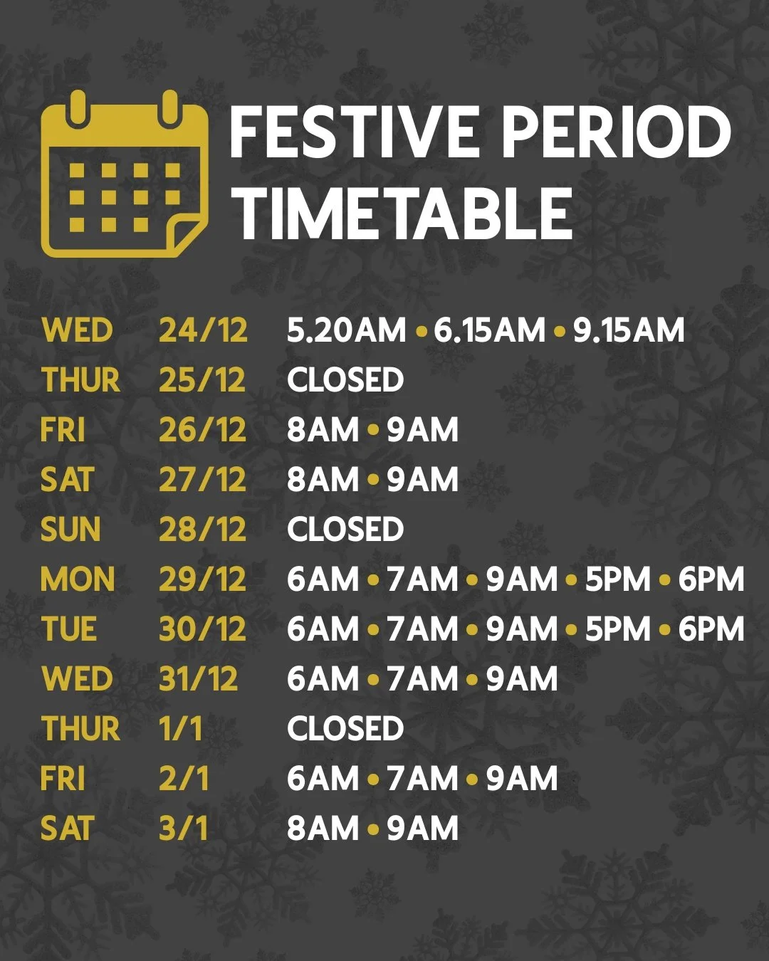 🎄 DON'T LET THE HOLIDAYS DERAIL YOUR GAINS🎄

Good news! We're OPEN over the festive season (except Christmas Day &amp; New Year's Day) so you can keep that consistency. And gives you a place to de-stress after too much time with extended family. 😜